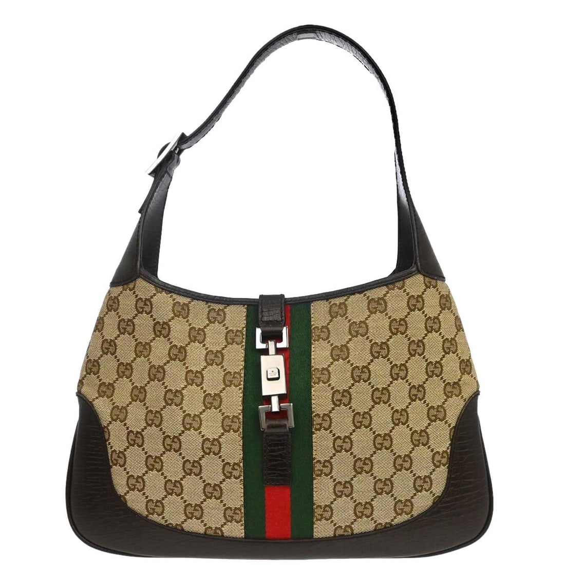 Gucci Jackie GG Brown Hobo Shoulder Bag Canvas Leather 13 in: Gucci Jackie GG Brown Hobo Shoulder Bag Canvas Leather 13 in This Gucci Jackie GG Sherry hobo handbag features a classic brown canvas leather exterior with a medium-sized silhouette. Designed for casu