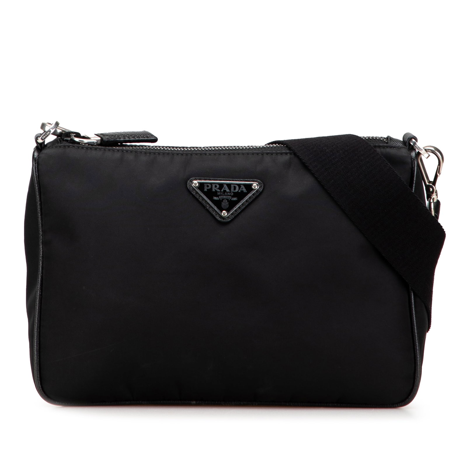 Prada Re Nylon Saffiano Trim Crossbody Bag with Removable Pouch: Prada Re Nylon Saffiano Trim Crossbody Bag with Removable Pouch This Prada Saffiano Trimmed Re Nylon Zip Top Crossbody bag features a black nylon body with Saffiano leather trim, a detachable strap wi