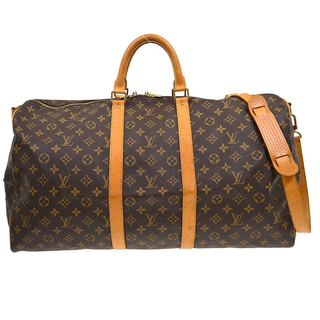 Louis Vuitton Monogram Canvas Keepall Bandouliere Unisex Travel Bag 55cm: Louis Vuitton Monogram Canvas Keepall Bandouliere Unisex Travel Bag 55cm The Louis Vuitton Keepall Bandouliere Bag is crafted from signature brown Monogram canvas and designed for unisex use. This vin