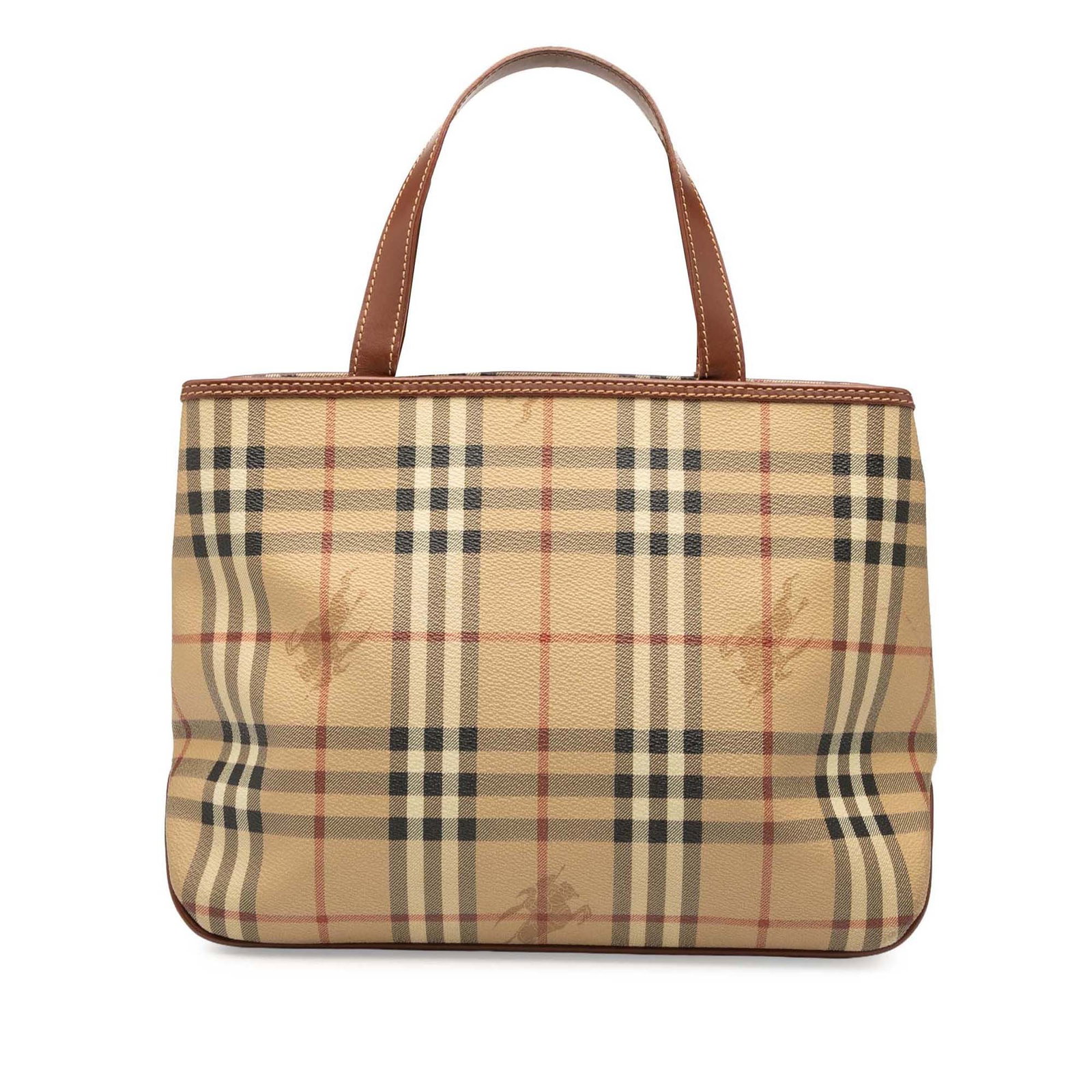 Burberry tote bag in haymarket check coated canvas with leather trim: Burberry tote bag in haymarket check coated canvas with leather trim This Burberry tote bag features the signature Haymarket check coated canvas with leather trim and flat leather handles. The open to