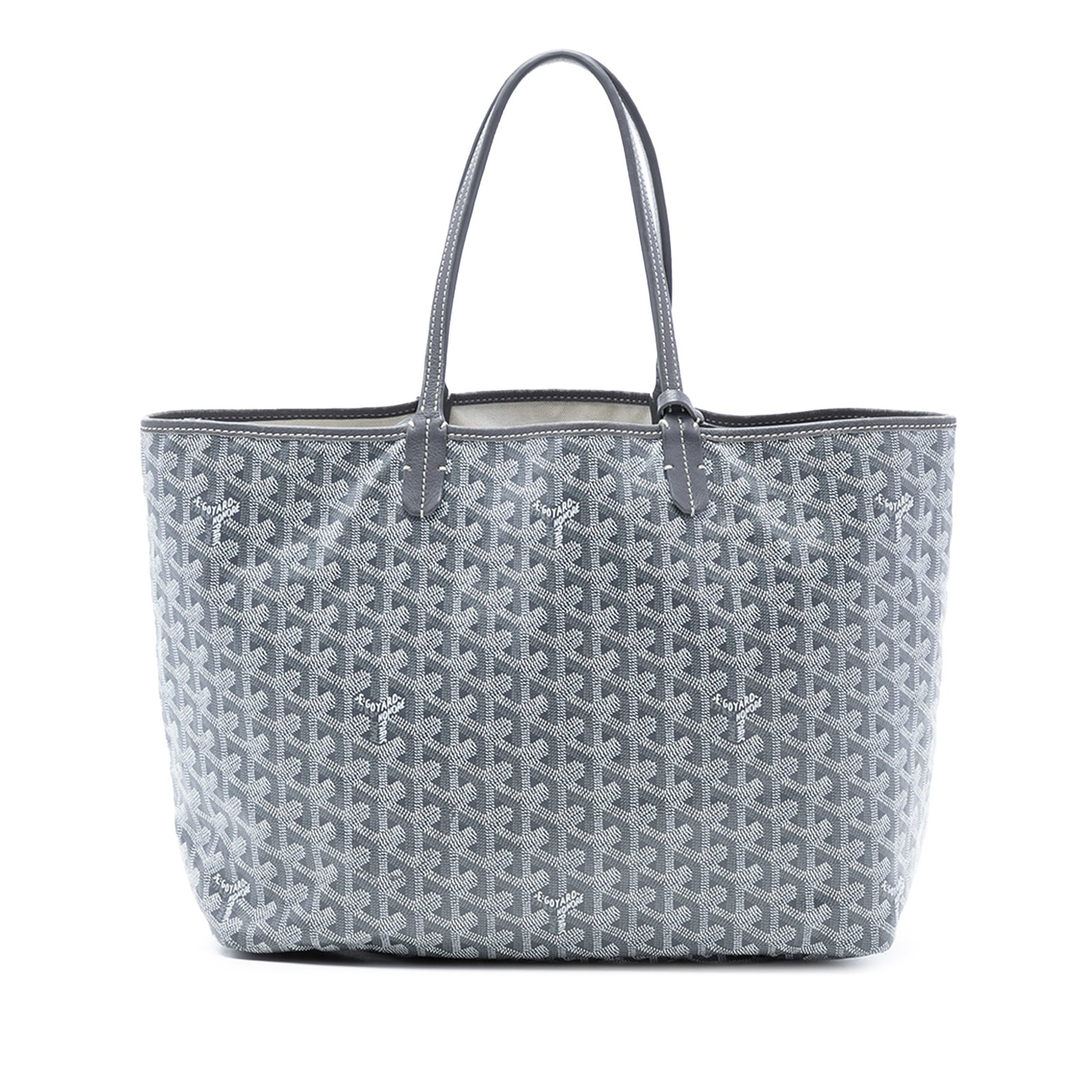 Goyard Saint Louis PM Gray Coated Canvas Tote with Pouch: Goyard Saint Louis PM Gray Coated Canvas Tote with Pouch This Saint Louis PM features a gray coated canvas body with leather trim, flat leather straps, an open top, and includes a matching pouch. The 