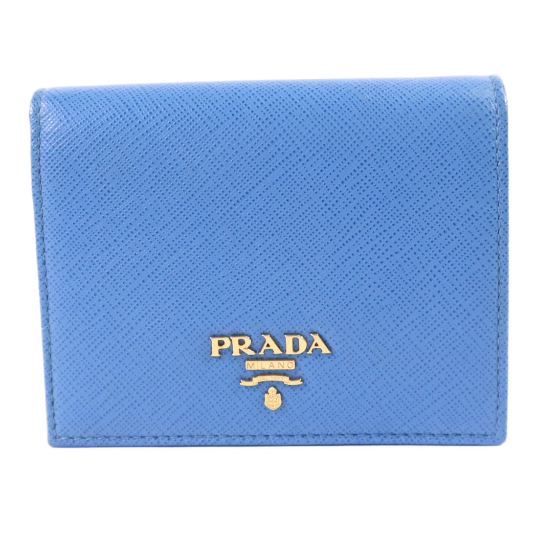Blue Calfskin Bi-Fold Wallet Prada 1MV204 with Gold Hardware: Blue Calfskin Bi-Fold Wallet Prada 1MV204 with Gold Hardware This Prada bi-fold wallet is crafted from blue calfskin leather and features gold tone hardware. Made in Italy, it offers a stylish and fun
