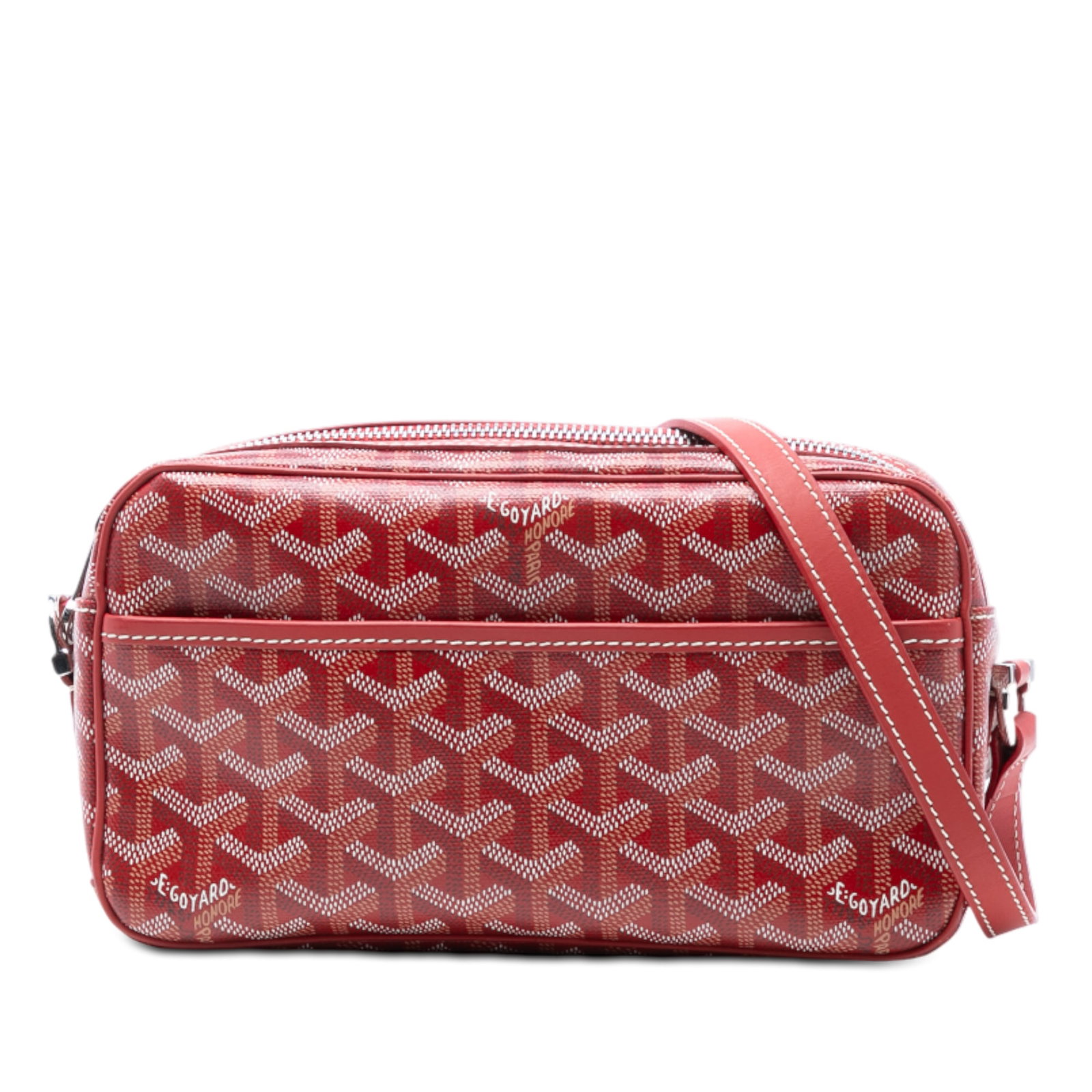 Goyard Cap Vert Red Coated Canvas Crossbody Bag with Adjustable Strap: Goyard Cap Vert Red Coated Canvas Crossbody Bag with Adjustable Strap This Goyardine Sac Cap Vert bag features a red coated canvas body, an adjustable flat shoulder strap, a top zip closure, an exteri