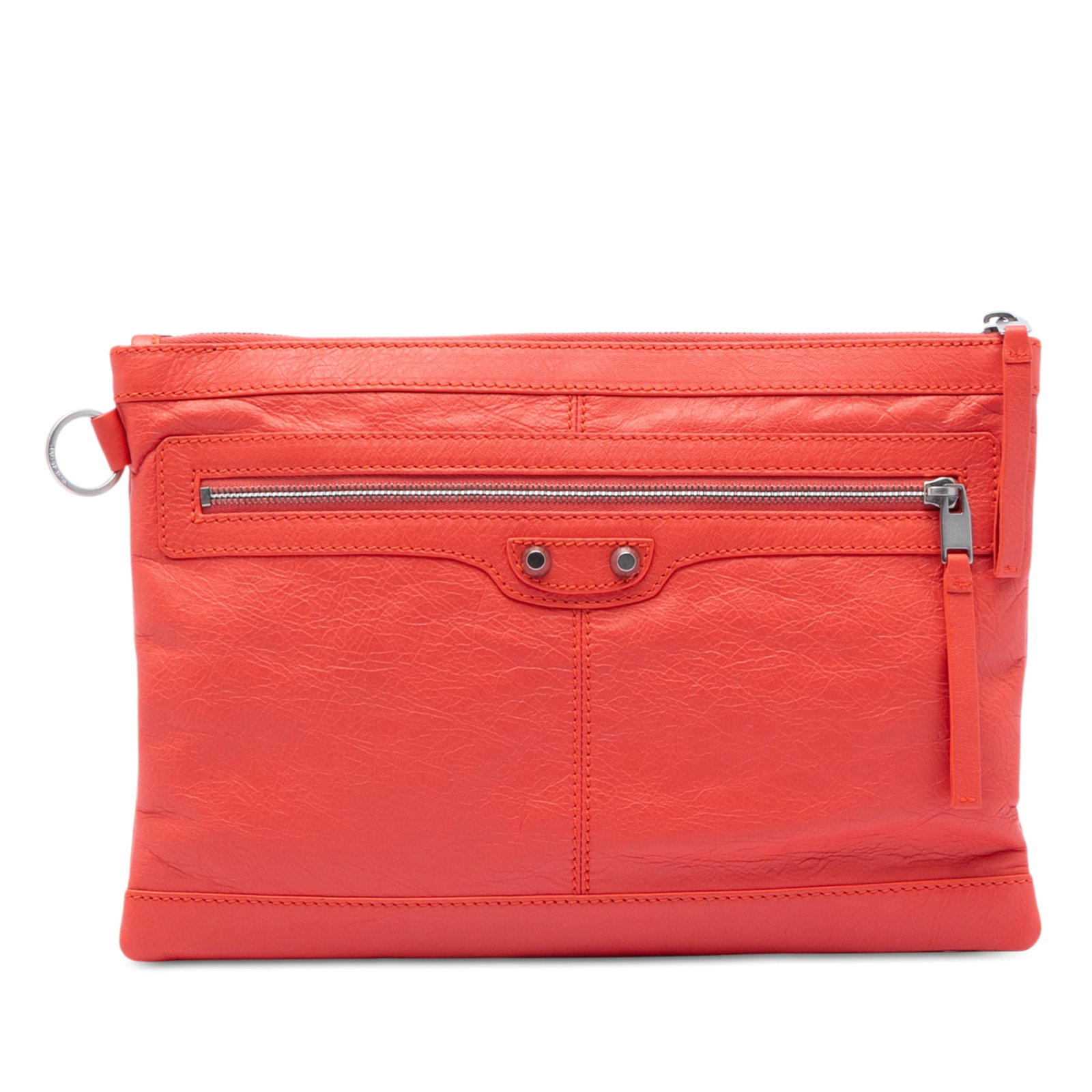 Balenciaga Orange Lambskin Leather Motocross Classic Clip M Clutch Bag: Balenciaga Orange Lambskin Leather Motocross Classic Clip M Clutch Bag This Balenciaga Motocross Classic Clip M Clutch is crafted from orange lambskin leather and features a top zip closure with an ex