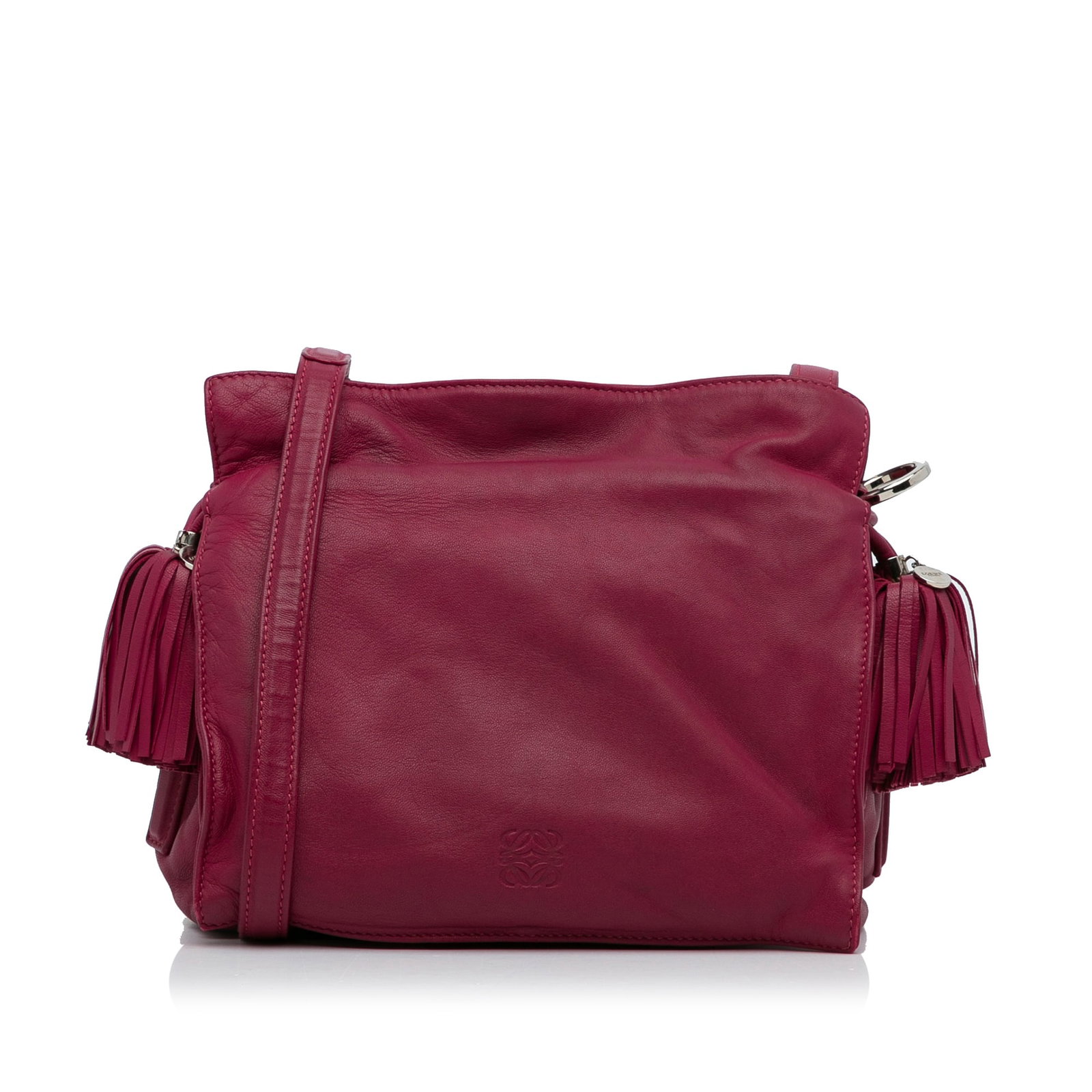 LOEWE Pink Leather Flamenco Knot Crossbody Bag: LOEWE Pink Leather Flamenco Knot Crossbody Bag The LOEWE Small Leather Flamenco Crossbody Bag is a stylish and functional accessory crafted from high-quality leather. This crossbody bag features a uni