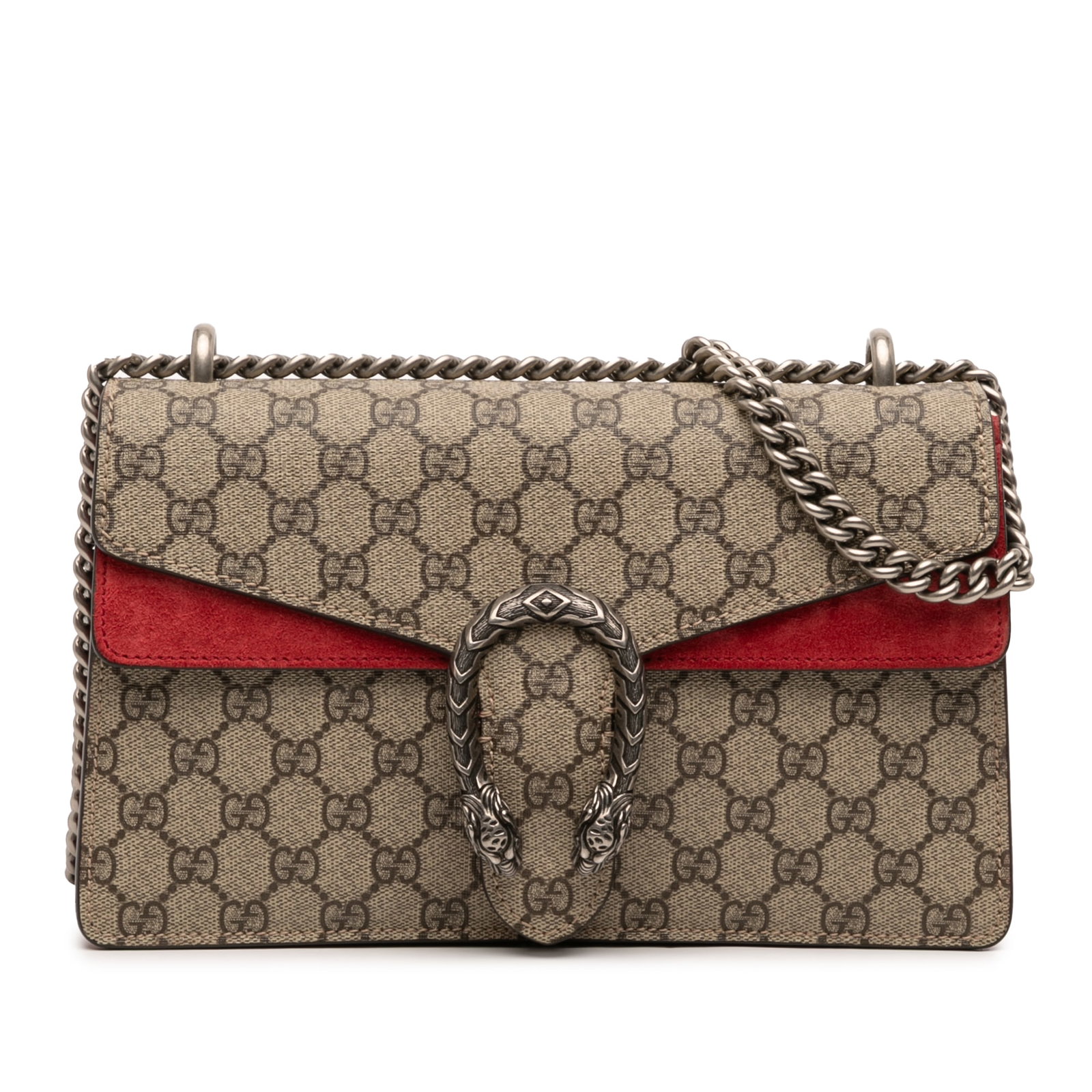 Gucci Dionysus Medium Brown GG Supreme Canvas Shoulder Purse: Gucci Dionysus Medium Brown GG Supreme Canvas Shoulder Purse This Gucci Dionysus Medium GG Supreme shoulder bag features a coated canvas body with suede leather trim, a silver-tone curb chain shoulder