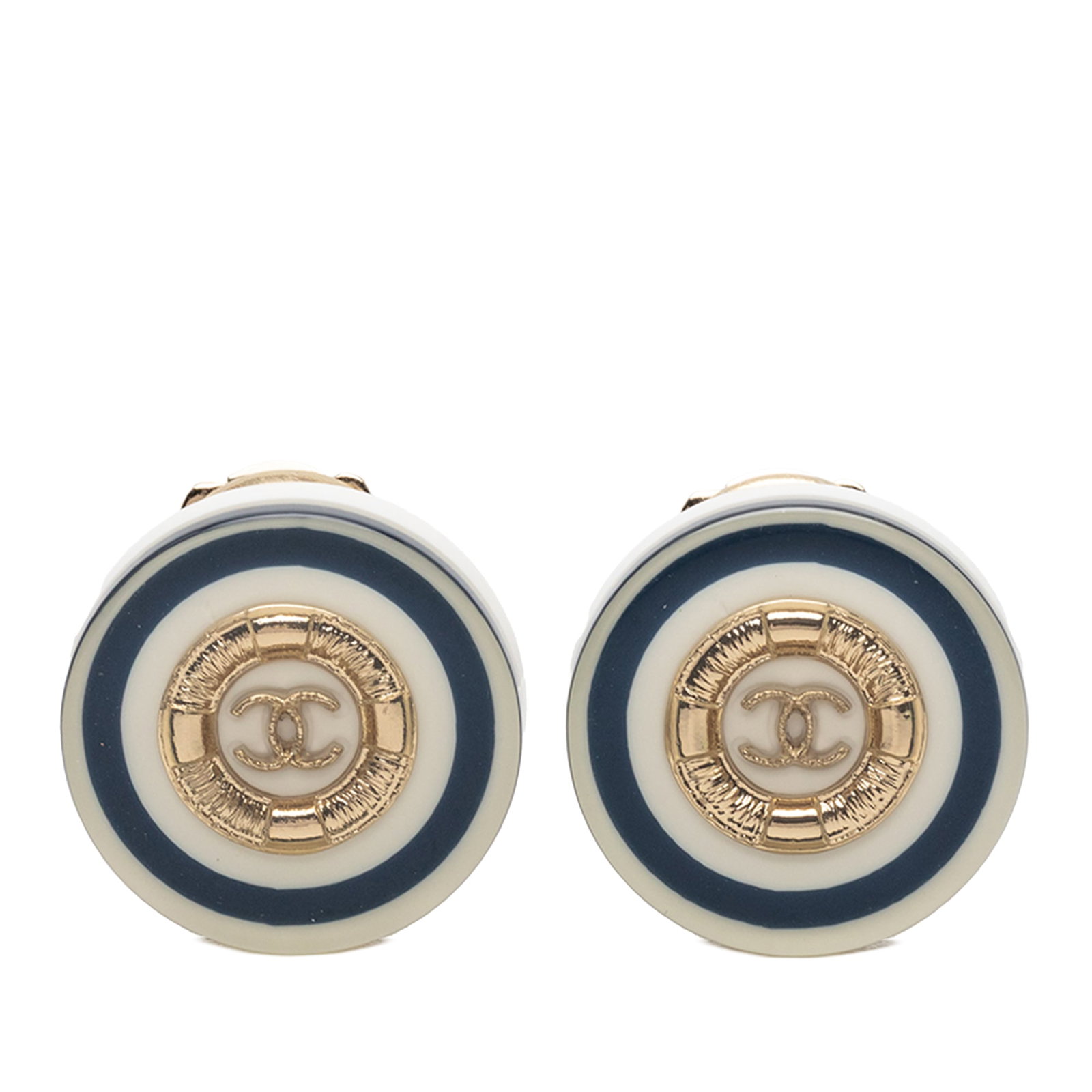 Chanel CC Logo Gold Plated Resin Clip-On Button Earrings: Chanel CC Logo Gold Plated Resin Clip-On Button Earrings These Chanel clip-on earrings feature a gold plated brass and resin construction with a signature CC button design. The earrings have a white c