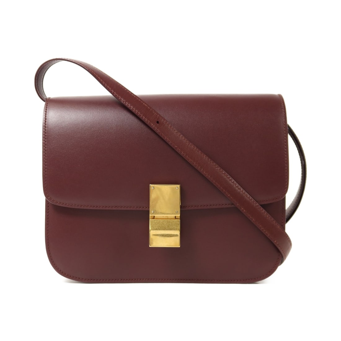 Celine Classic Box Shoulder Bag Wine Red Calfskin with Gold Hardware: Celine Classic Box Shoulder Bag Wine Red Calfskin with Gold Hardware This Celine Classic Box shoulder bag features wine red calfskin leather and gold tone hardware. Designed for women, the bag offers 
