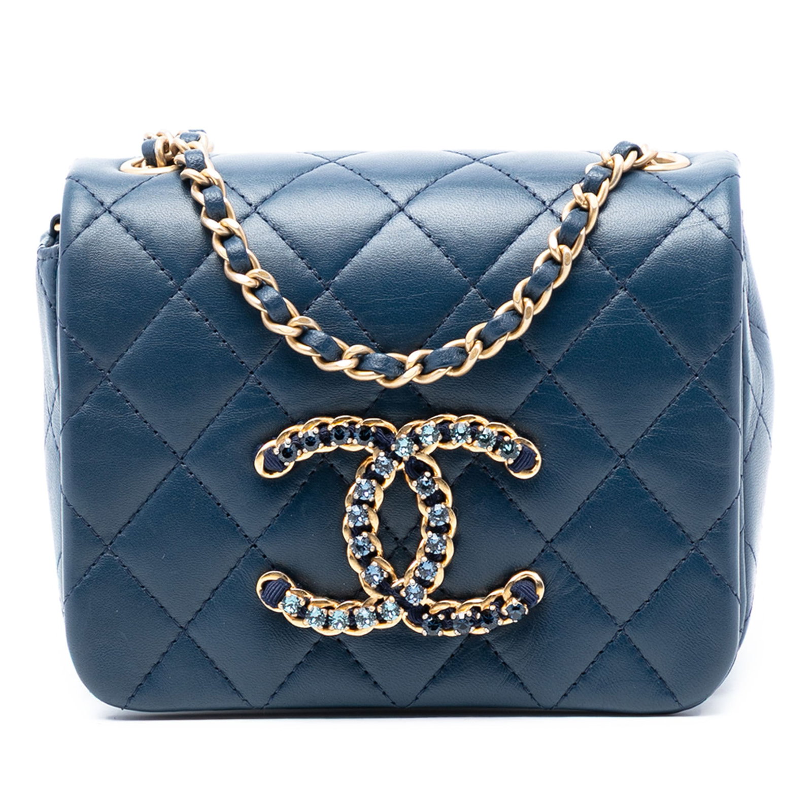 Chanel Mini Blue Quilted Lambskin Crystal Embellished Full Flap Crossbody Bag: Chanel Mini Blue Quilted Lambskin Crystal Embellished Full Flap Crossbody Bag This Chanel Mini Quilted Lambskin CC Crystal Full Flap crossbody bag features a blue quilted lambskin leather body, a leat