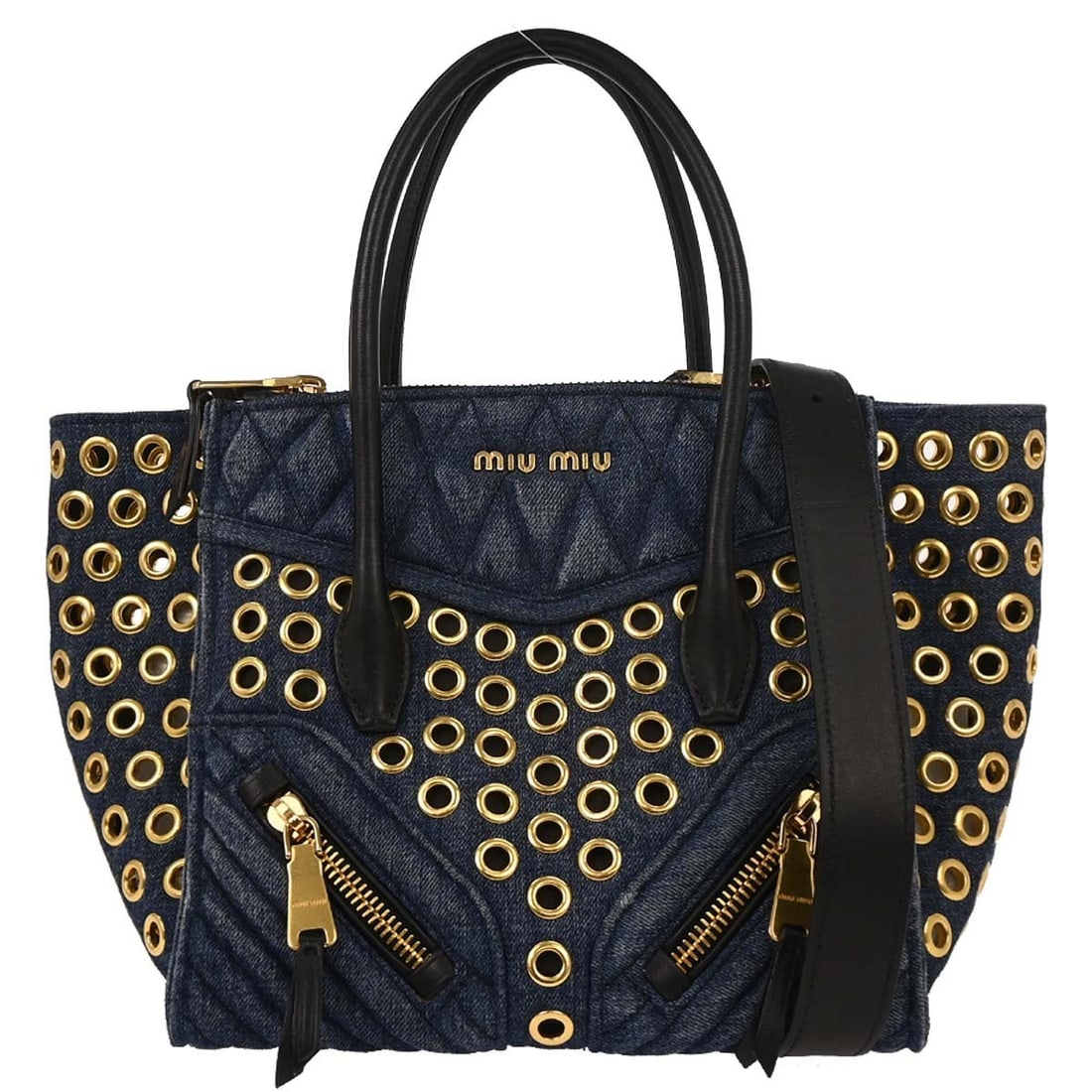 Miu Miu Navy Denim Biker Tote Bag R1032V Medium: Miu Miu Navy Denim Biker Tote Bag R1032V Medium This Miu Miu Navy Denim Biker Tote Bag is a stylish and practical accessory for everyday use. Crafted from durable denim, it features a medium size with