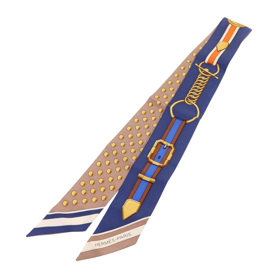 Hermes Silk Twilly Scarf in Blue Brown Gold Multicolor for Women: Hermes Silk Twilly Scarf in Blue Brown Gold Multicolor for Women This Hermes Twilly scarf features a vibrant multicolor design with shades of blue, brown, and gold. Crafted from luxurious silk, it is 