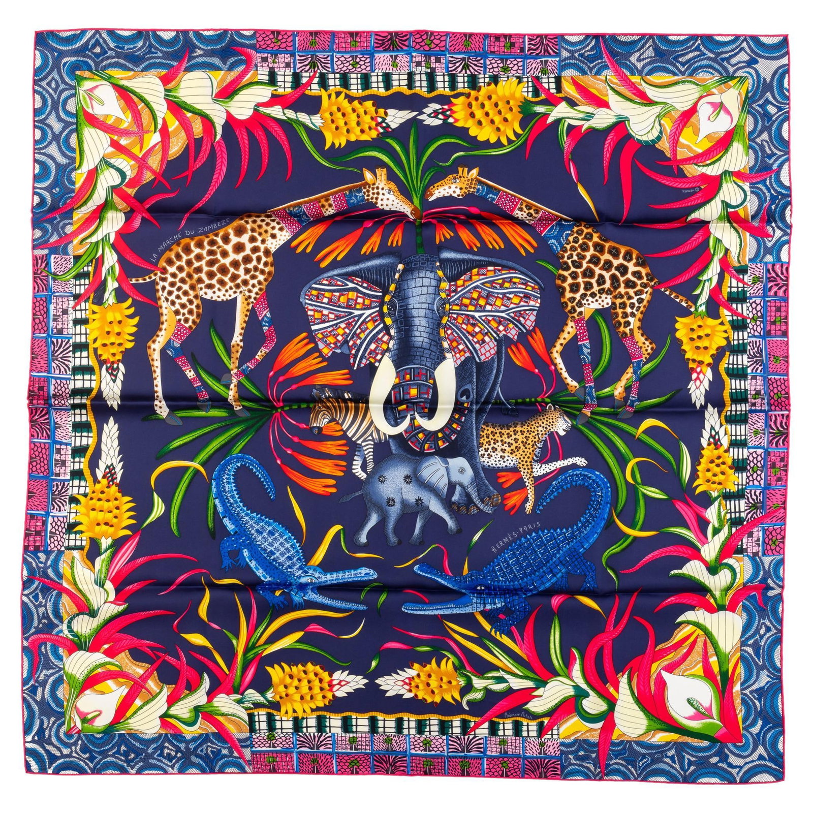 Hermes Le Marche Du Zambeze Silk Scarf BNIB 35 in France: Hermes Le Marche Du Zambeze Silk Scarf BNIB 35 in France Experience luxury with the exquisite Hermes Le Marche Du Zambeze scarf, crafted from high-quality silk. This stunning piece features hand-rolle