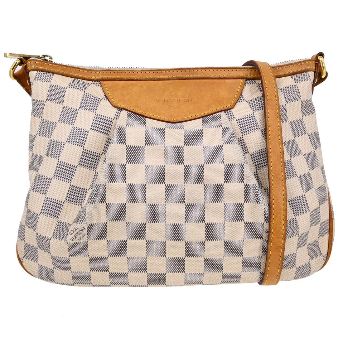 Louis Vuitton Siracusa PM Damier Azur Canvas Crossbody Bag: Louis Vuitton Siracusa PM Damier Azur Canvas Crossbody Bag This Louis Vuitton Siracusa PM crossbody bag features the signature Damier Azur canvas exterior with leather handles and a canvas-lined inter