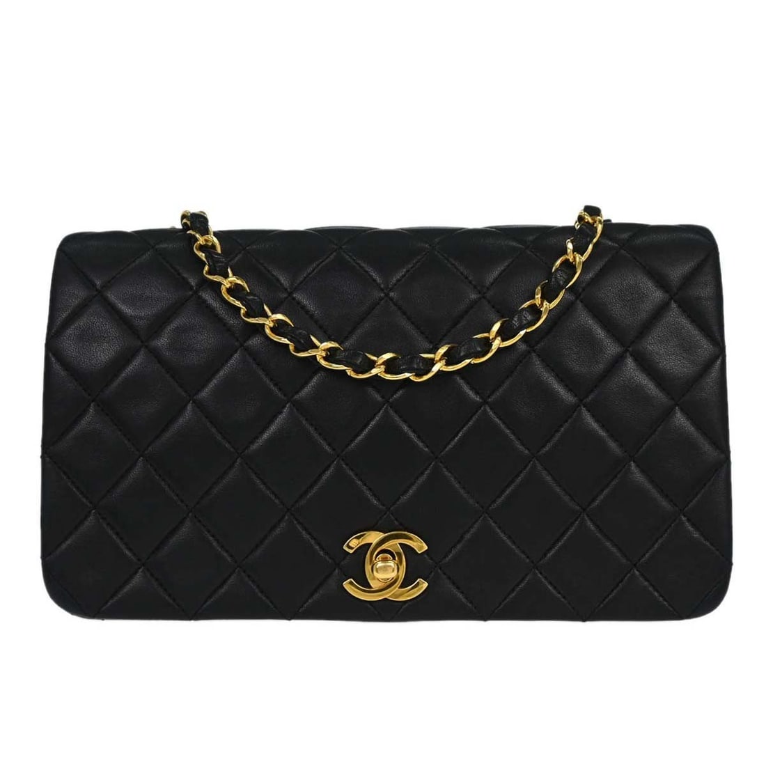 CHANEL Matelasse Lambskin Single Chain Shoulder Bag Black: CHANEL Matelasse Lambskin Single Chain Shoulder Bag Black This Chanel Black Lambskin Turnlock Small Full Flap Shoulder Bag features a classic quilted matelasse pattern and a flap closure with a turn l