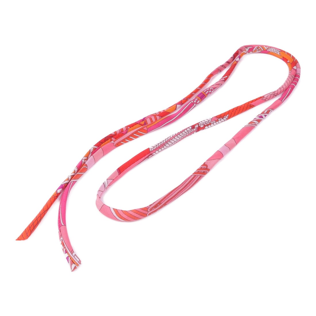 HERMES Pink Red Silk String Accessory from France: HERMES Pink Red Silk String Accessory from France This exquisite accessory from HERMES showcases a vibrant pink and red color palette, crafted entirely from luxurious silk. Designed for versatility, i