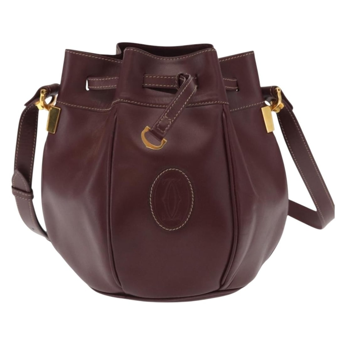 Must de Cartier Burgundy Leather Shoulder Bag for Women: Must de Cartier Burgundy Leather Shoulder Bag for Women This Must de Cartier shoulder bag is crafted from burgundy leather and designed for women. The bag features a structured silhouette with a shoul