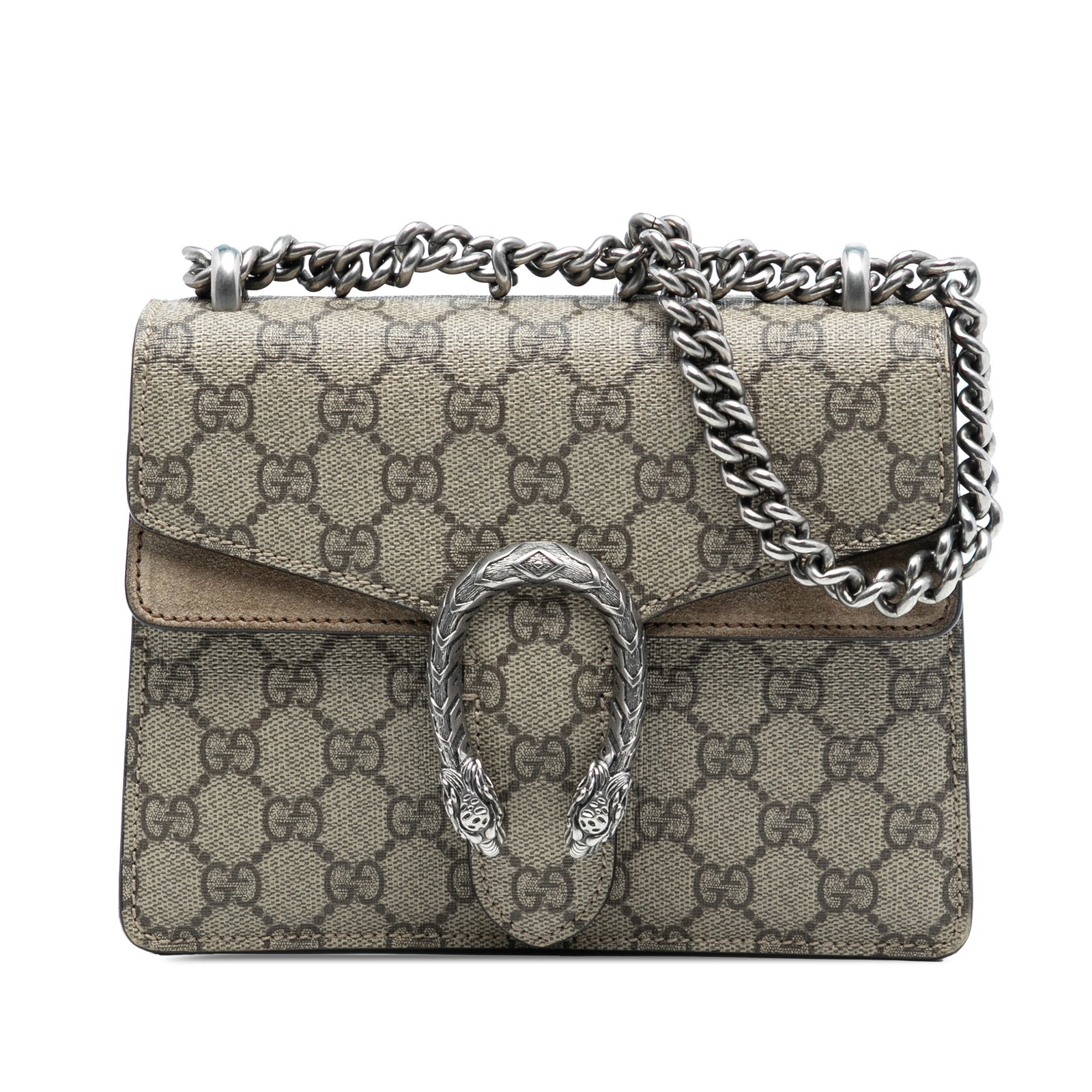 Gucci Dionysus Small GG Supreme Beige Canvas Crossbody Bag with Chain Strap: Gucci Dionysus Small GG Supreme Beige Canvas Crossbody Bag with Chain Strap This Gucci Small GG Supreme Dionysus Crossbody bag features a coated canvas body with suede leather trim, a chain link shoul
