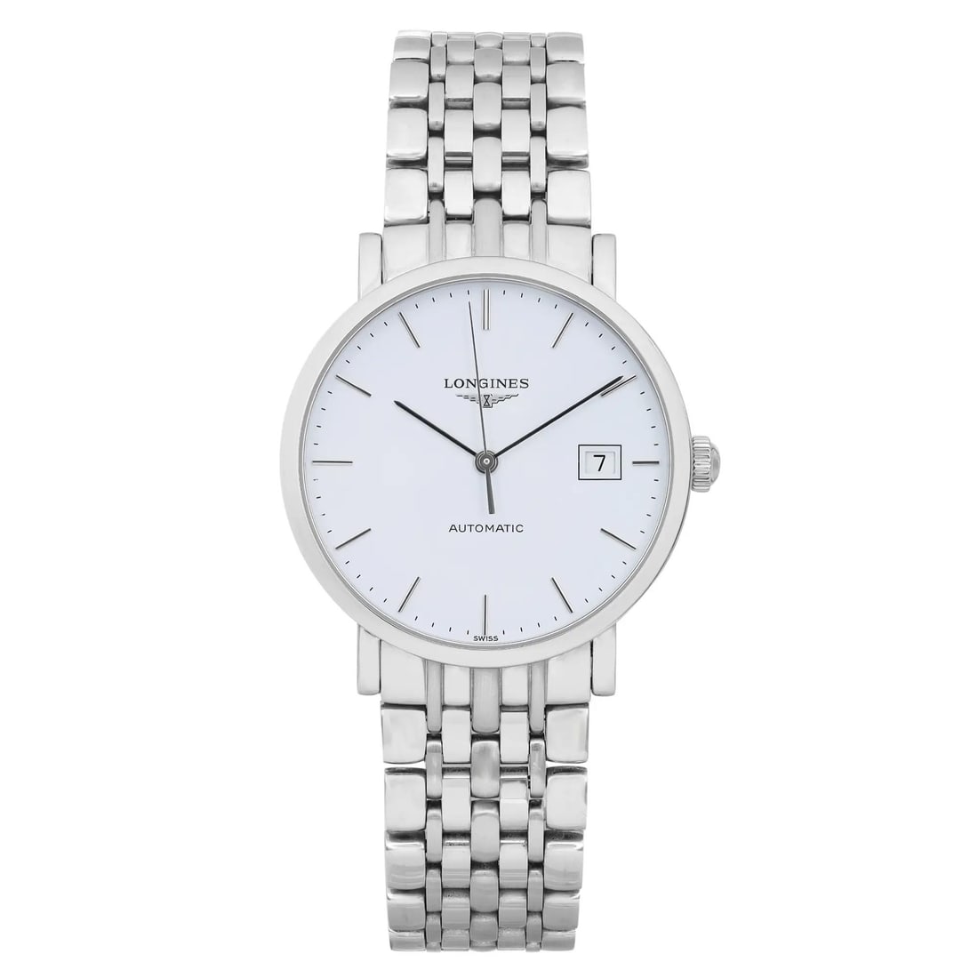 Longines Elegant 37mm Automatic Watch Silver Steel White Dial L4.810.4.12.6: Longines Elegant 37mm Automatic Watch Silver Steel White Dial L4.810.4.12.6 This Longines Elegant watch features a refined 37mm round case crafted from polished stainless steel, complemented by a clas