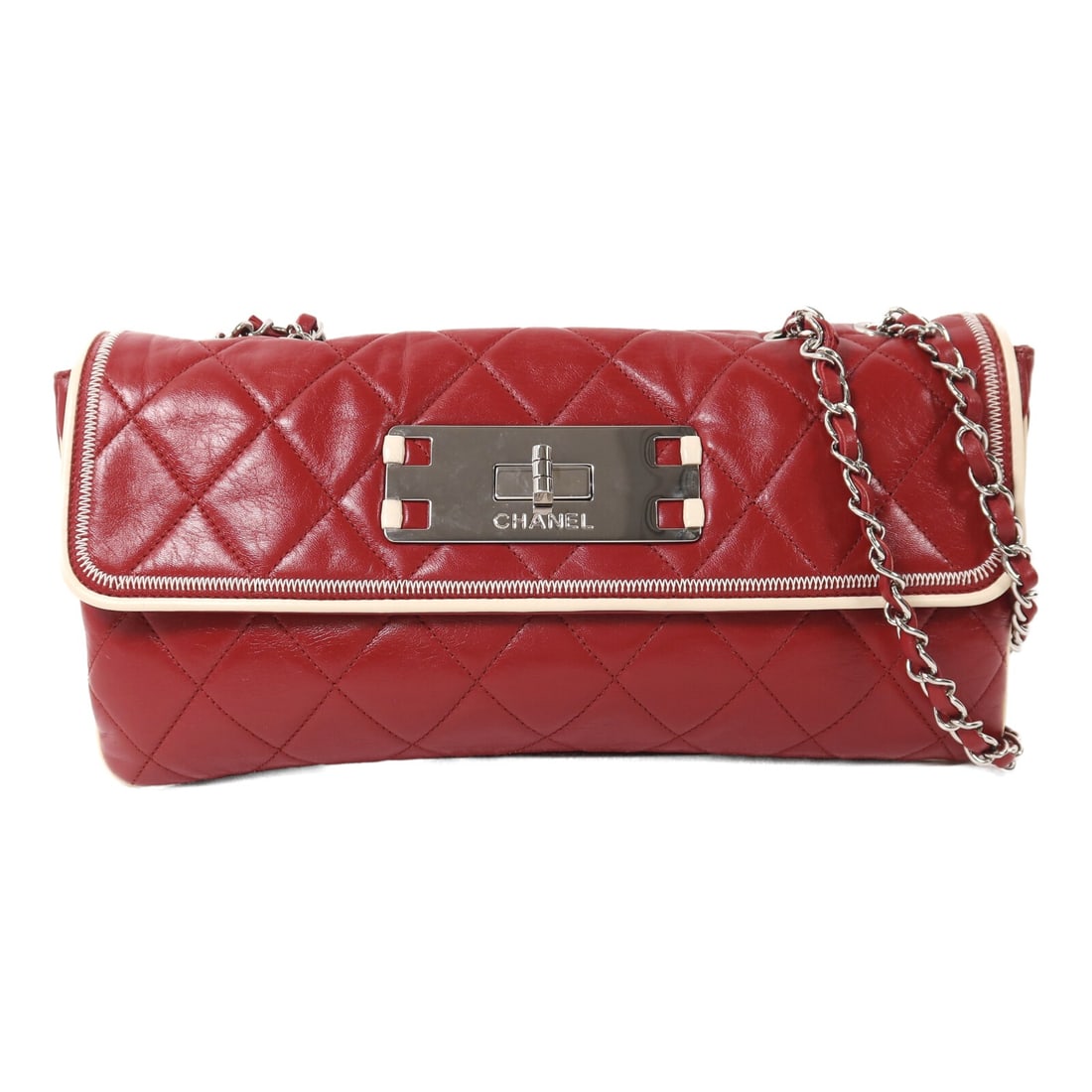 Chanel 2.55 East West Flap Red Calfskin Shoulder Bag Silver Hardware: Chanel 2.55 East West Flap Red Calfskin Shoulder Bag Silver Hardware This CHANEL 2.55 East West Flap Chain Shoulder Bag features a classic red calfskin leather exterior with silver-tone hardware. Desi