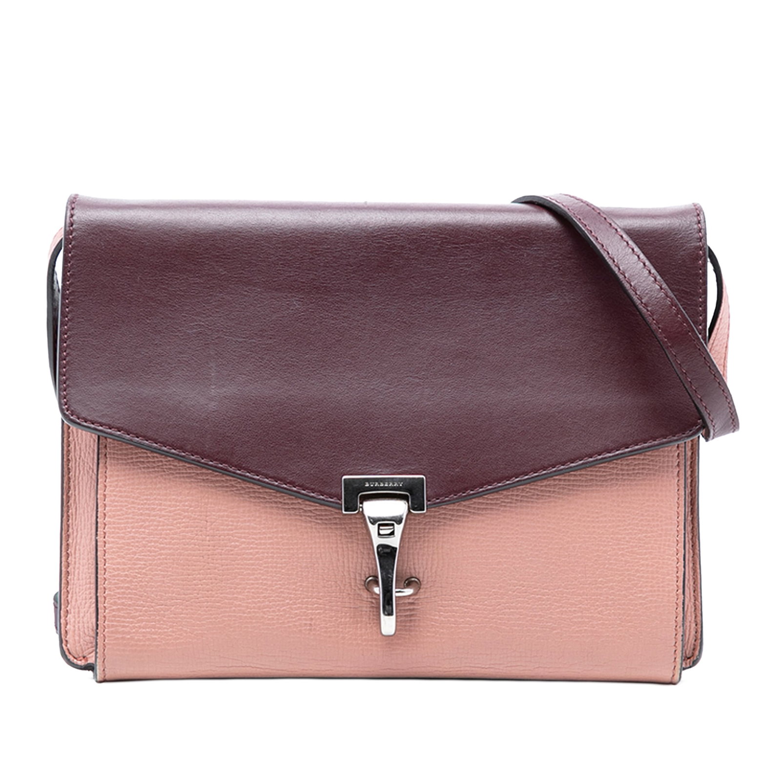 Bicolor Leather Macken Crossbody Bag by Burberry: Bicolor Leather Macken Crossbody Bag by Burberry This Burberry Macken crossbody bag features a bicolor leather body with an adjustable flat leather strap. It includes a flap with clasp closure, an ext