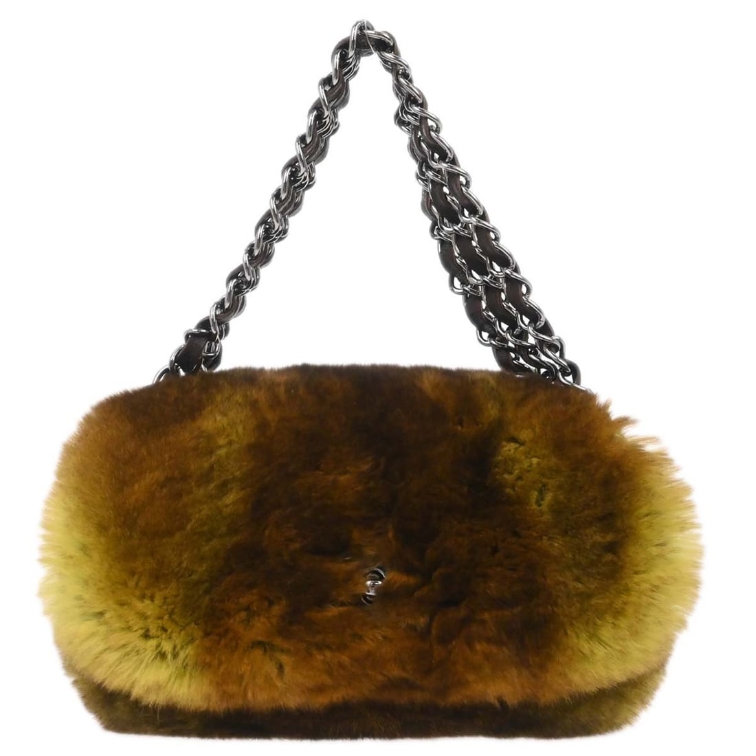 Chanel Mini Top Handle Fur Bag in Brown and Green Lapin: Chanel Mini Top Handle Fur Bag in Brown and Green Lapin This Chanel mini top handle bag features a brown exterior crafted from lapin fur with chain detailing. The bag offers a stylish and compact desi