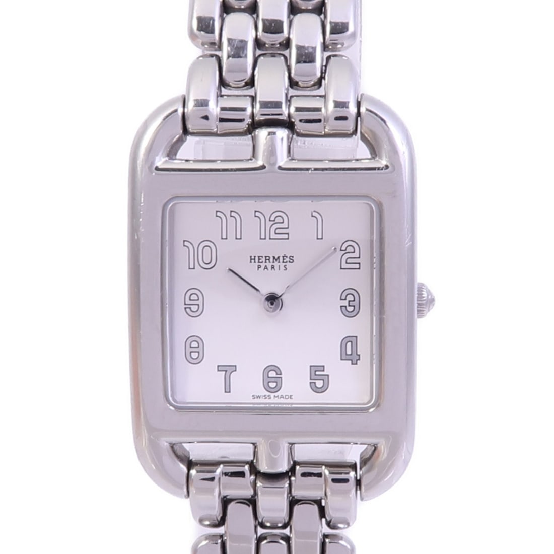 Hermes Cape Cod Quartz Stainless Steel Silver Wristwatch: Hermes Cape Cod Quartz Stainless Steel Silver Wristwatch This Hermes Cape Cod CC1.210A wristwatch features a stainless steel case and band in a silver tone, complemented by a matching silver dial and 