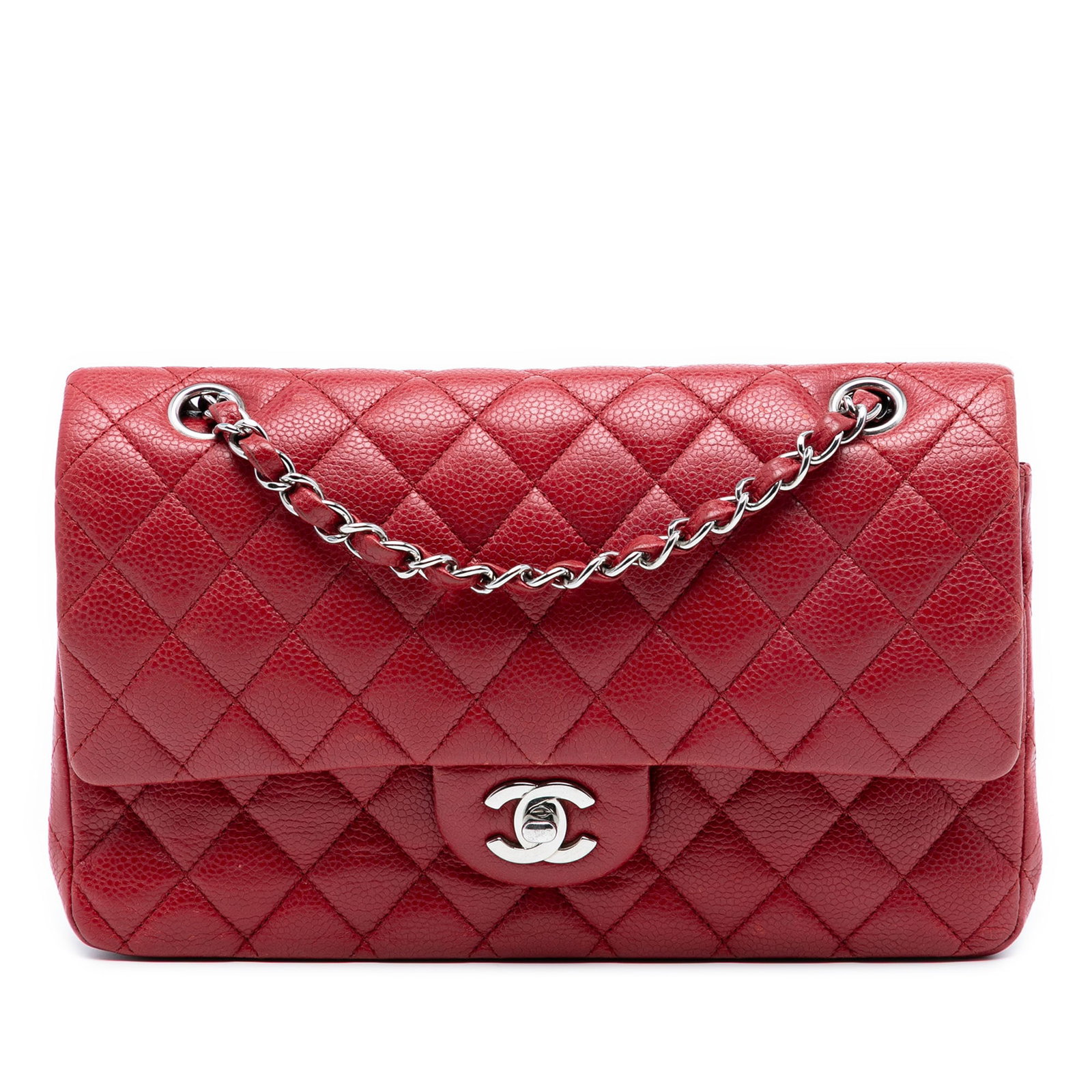 Red Chanel Medium Classic Caviar Leather Double Flap Shoulder Bag: Red Chanel Medium Classic Caviar Leather Double Flap Shoulder Bag This Chanel Medium Classic Caviar Double Flap shoulder bag showcases a quilted caviar leather body in red with a leather-woven chain s