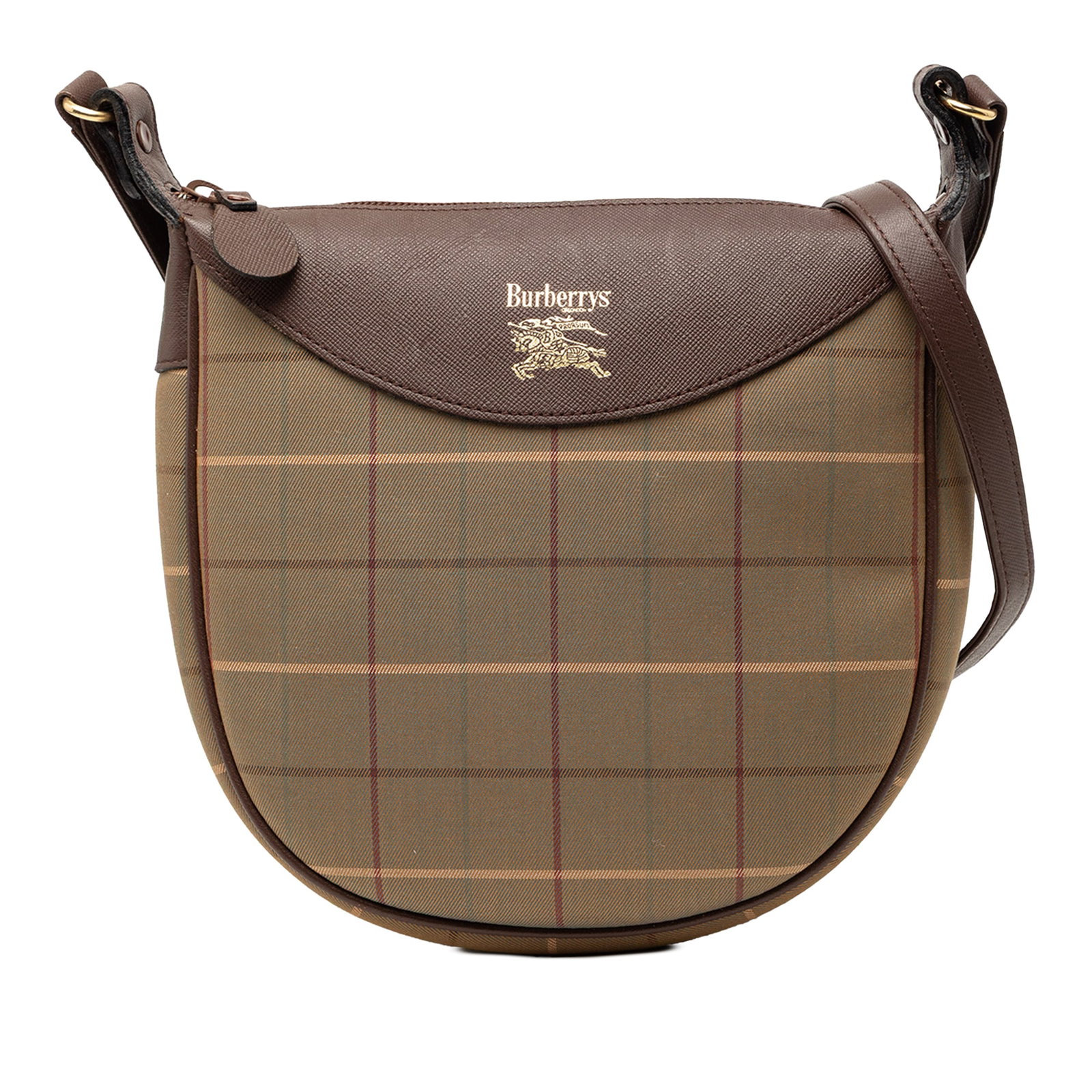 Burberry Brown Canvas Shoulder Bag with Adjustable Leather Strap: Burberry Brown Canvas Shoulder Bag with Adjustable Leather Strap This Burberry Vintage Check Canvas Crossbody bag is crafted with a canvas body featuring leather trim and an adjustable flat leather st