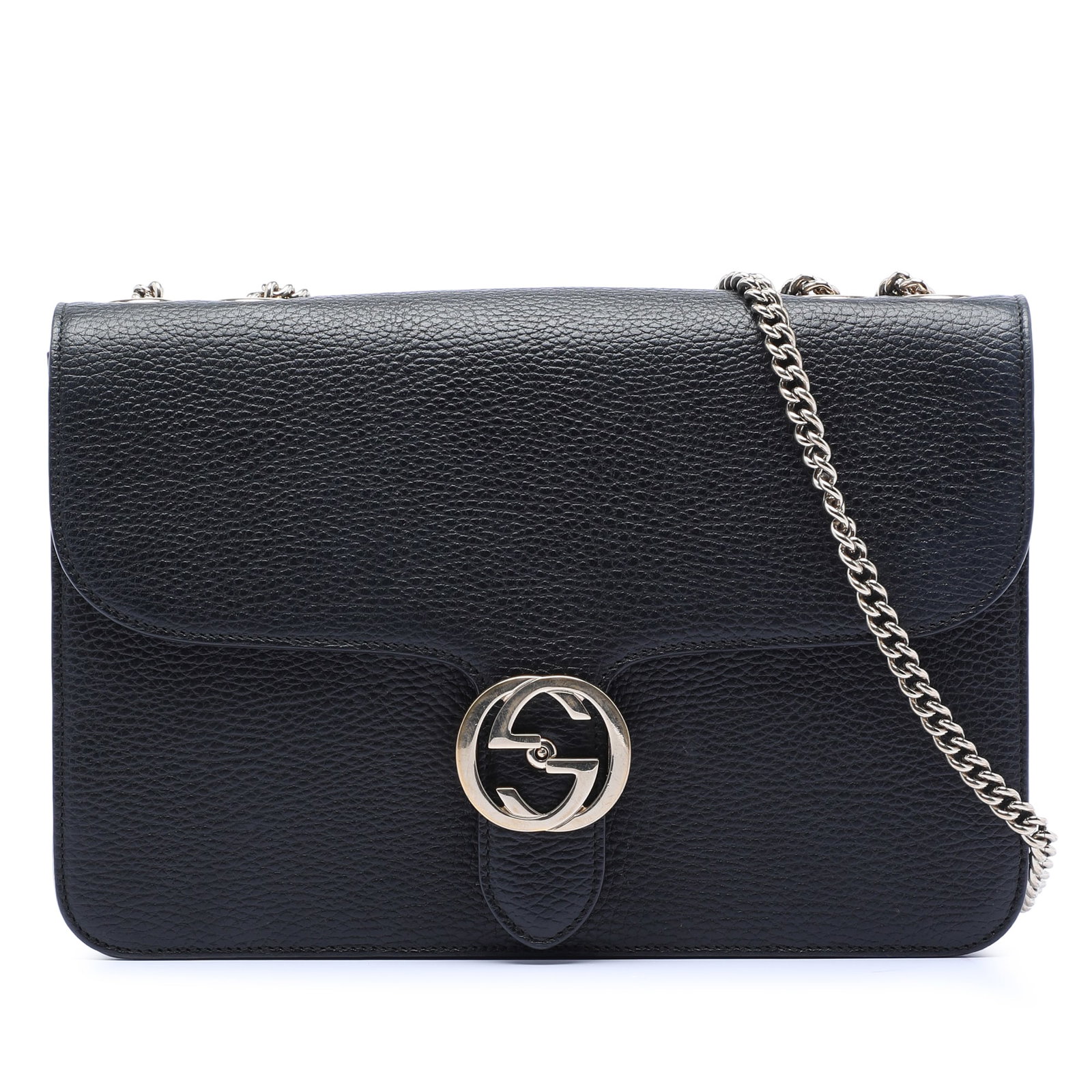 Gucci Interlocking G Medium Black Leather Crossbody Bag: Gucci Interlocking G Medium Black Leather Crossbody Bag This Gucci Medium Dollar Calfskin Interlocking G Crossbody bag is crafted from black leather and features a chain link strap with a leather shou