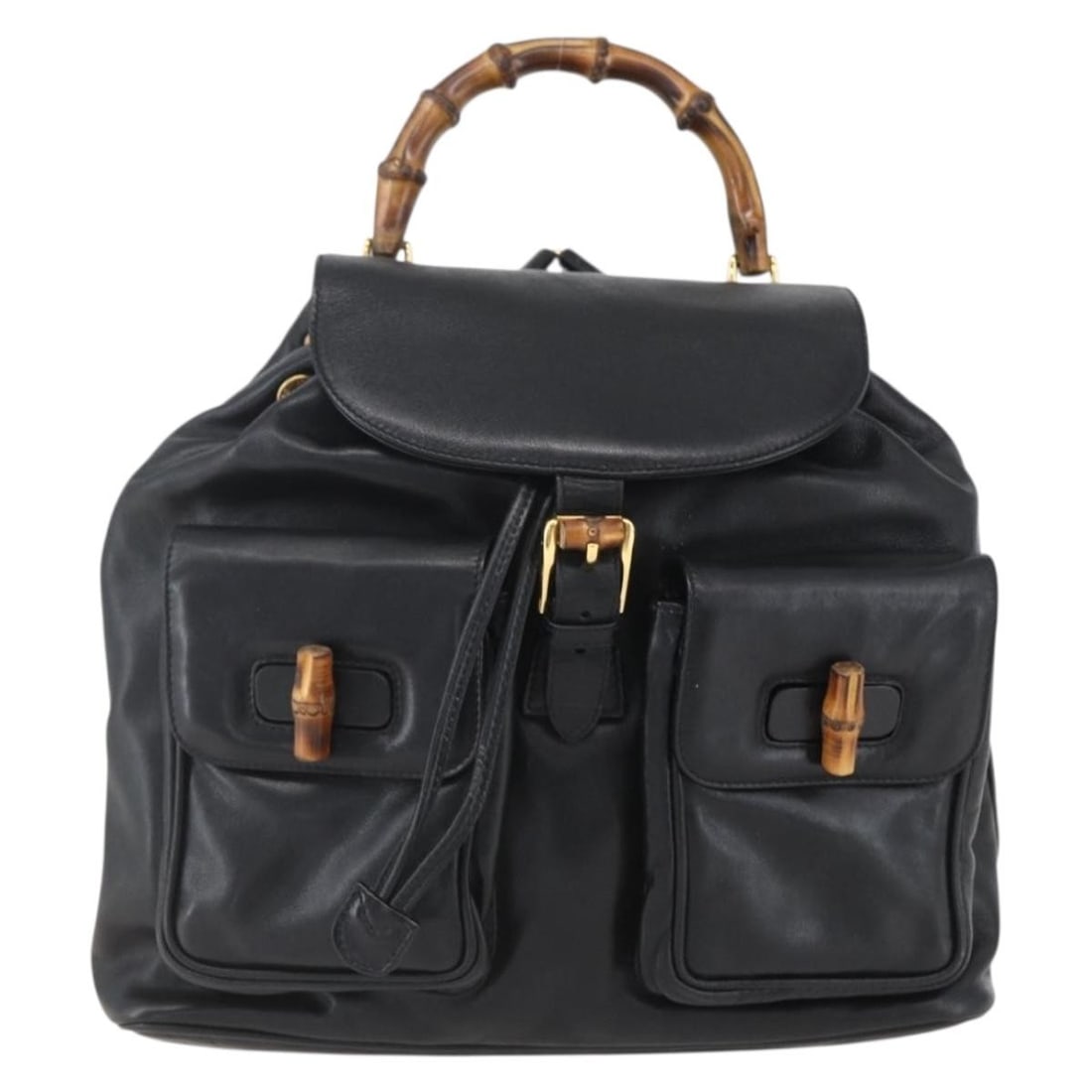 Black Leather Gucci Backpack with Bamboo Detail Vintage Model: Black Leather Gucci Backpack with Bamboo Detail Vintage Model This pre-owned Gucci Vintage Bamboo Backpack is crafted from black leather and designed for women. It features the iconic bamboo handle an