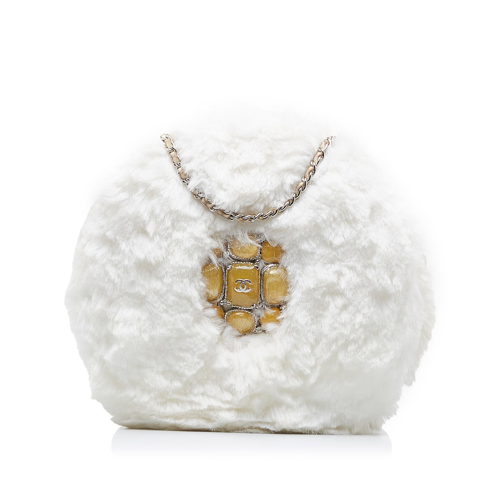 Chanel Faux Fur Crossbody with CC Crystal Accent and Leather Chain Strap: Chanel Faux Fur Crossbody with CC Crystal Accent and Leather Chain Strap This Chanel crossbody bag features a round silhouette crafted from faux fur with crystal embellishments, complemented by a leat
