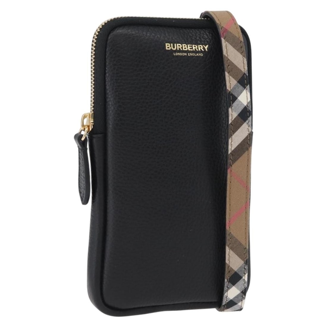 Burberry Black Leather Phone Shoulder Bag with Gold Accents and Dust Bag: Burberry Black Leather Phone Shoulder Bag with Gold Accents and Dust Bag This Burberry phone case shoulder bag is crafted from black leather with gold accents. Designed for women, it features a sleek 