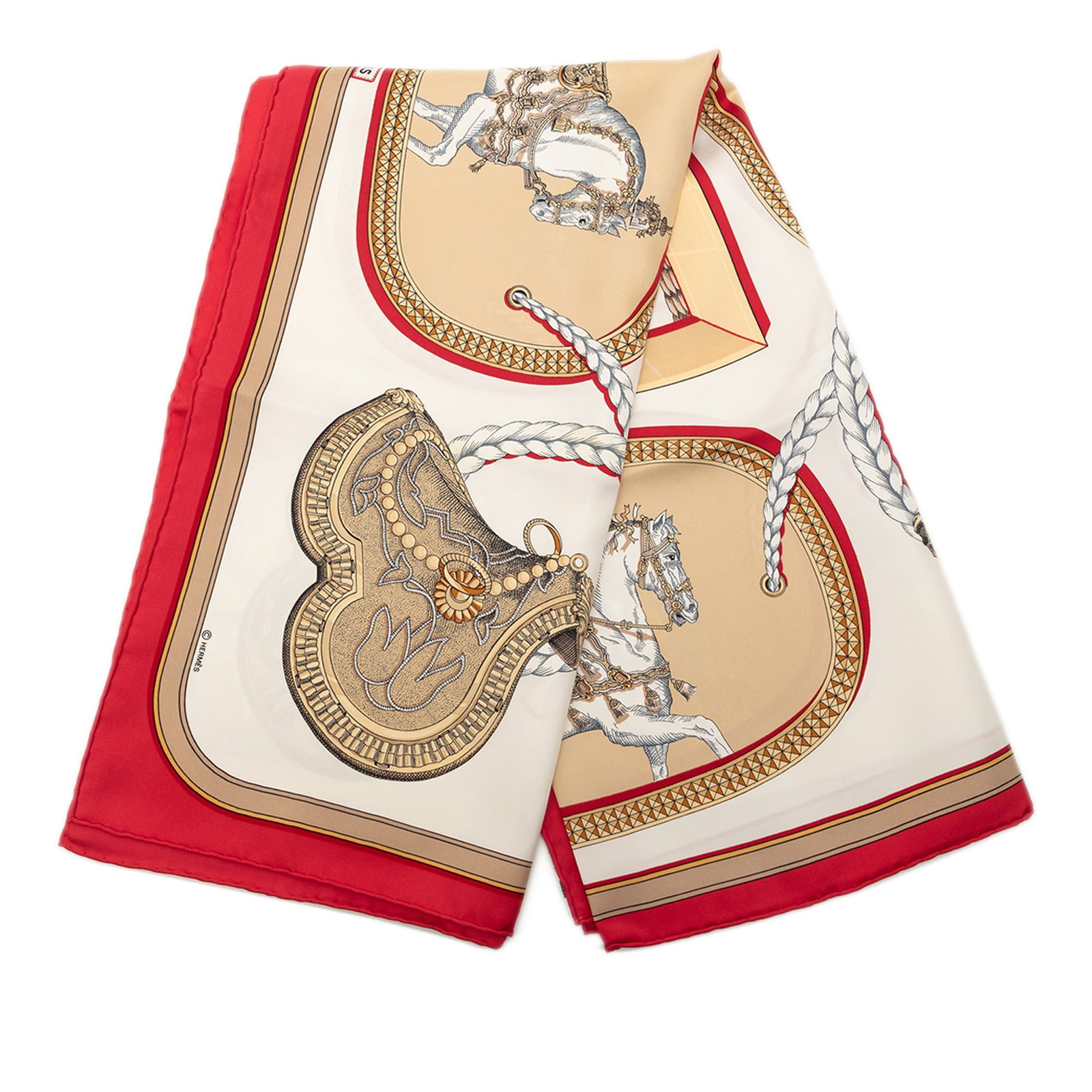 Grand Apparat 100 Percent Silk Square Scarf by Hermes 87cm: Grand Apparat 100 Percent Silk Square Scarf by Hermes 87cm This Hermes Grand Apparat scarf showcases the iconic Grand Apparat print on 100% silk in a white colorway. Made in France, this accessory is 