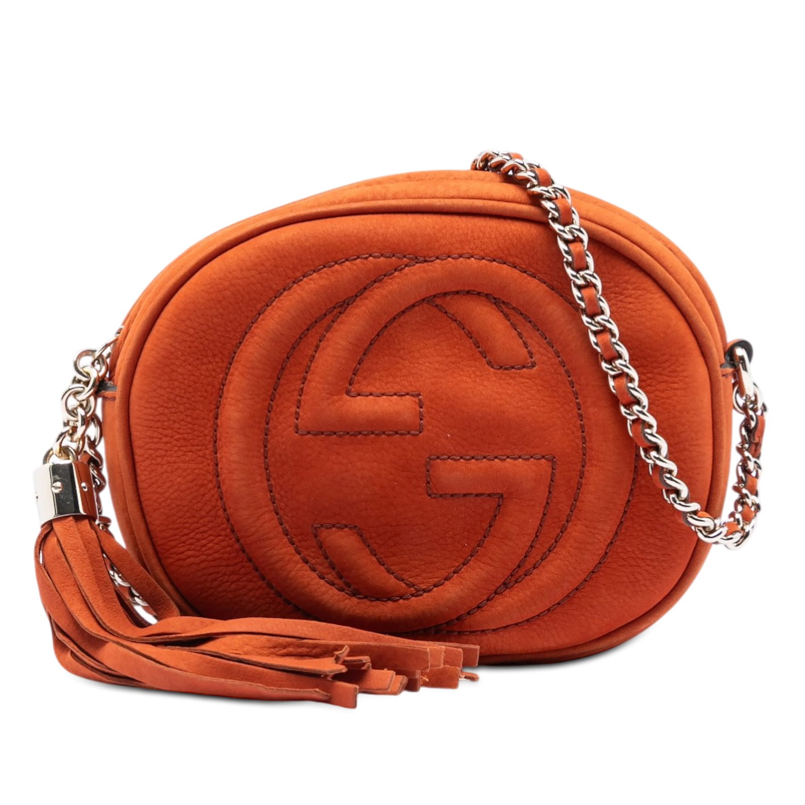 Gucci Soho Mini Orange Nubuck Leather Crossbody Bag with Chain Strap: Gucci Soho Mini Orange Nubuck Leather Crossbody Bag with Chain Strap This Gucci Mini Nubuck Soho Chain Crossbody bag features an orange nubuck leather body with a tassel accent, a chain link strap, a 