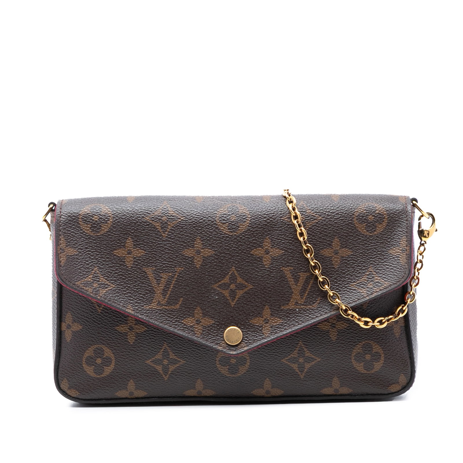 Louis Vuitton Felicie Monogram Canvas Crossbody Bag with Chain Strap: Louis Vuitton Felicie Monogram Canvas Crossbody Bag with Chain Strap The Louis Vuitton Monogram Pochette Felicie is a crossbody bag crafted from signature monogram canvas. It features a detachable gol