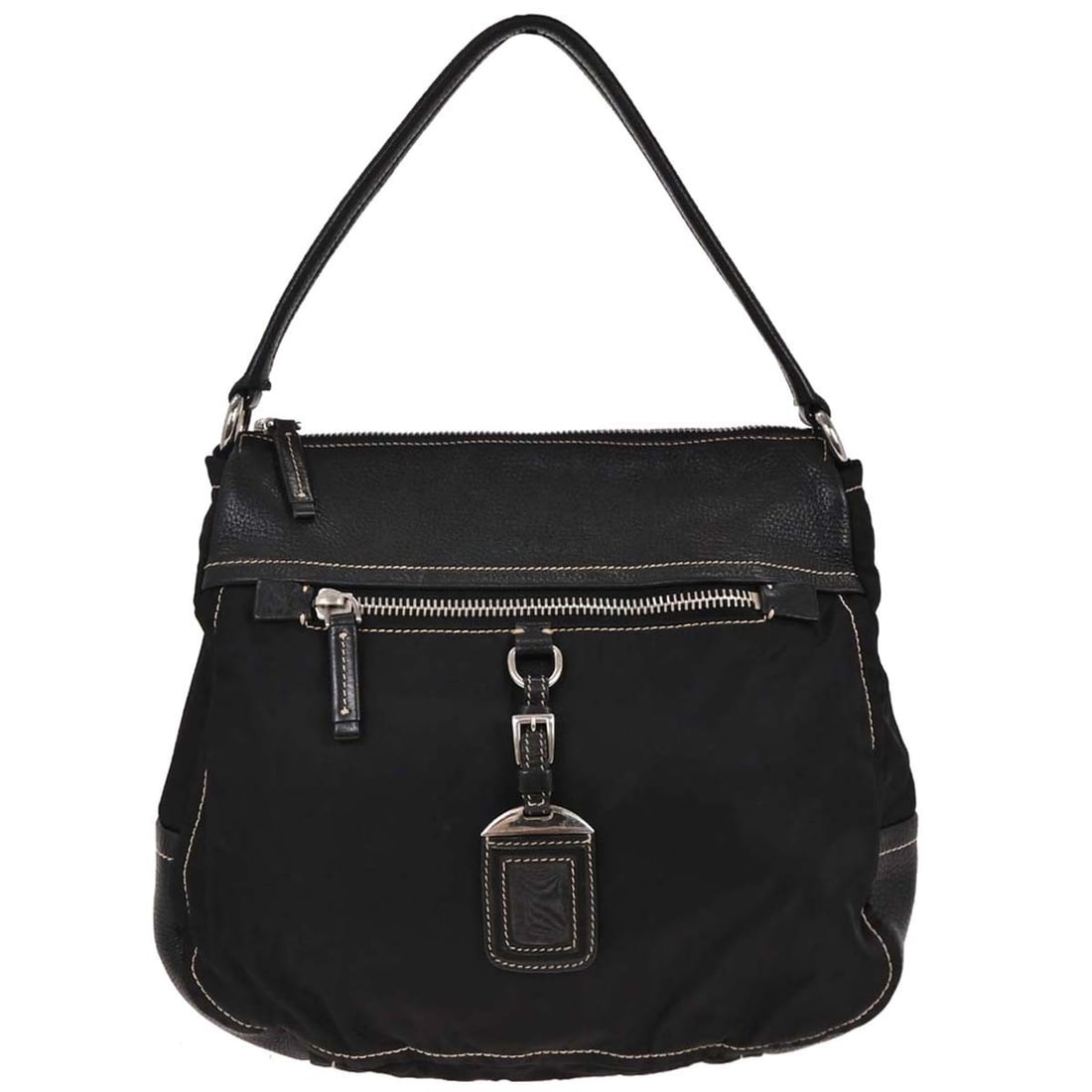 Prada Black Nylon Leather Shoulder Bag Medium Casual Style: Prada Black Nylon Leather Shoulder Bag Medium Casual Style This elegant Prada shoulder bag is crafted from a combination of high-quality leather and nylon, presenting a chic and functional accessory f