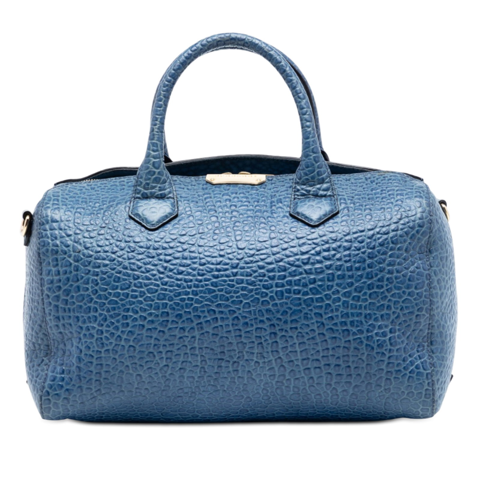 Medium Blue Calf Leather Alchester Satchel by Burberry: Medium Blue Calf Leather Alchester Satchel by Burberry This Burberry Medium Grained Calfskin Alchester Satchel is crafted from grained calf leather and features rolled leather handles, a top zip closu