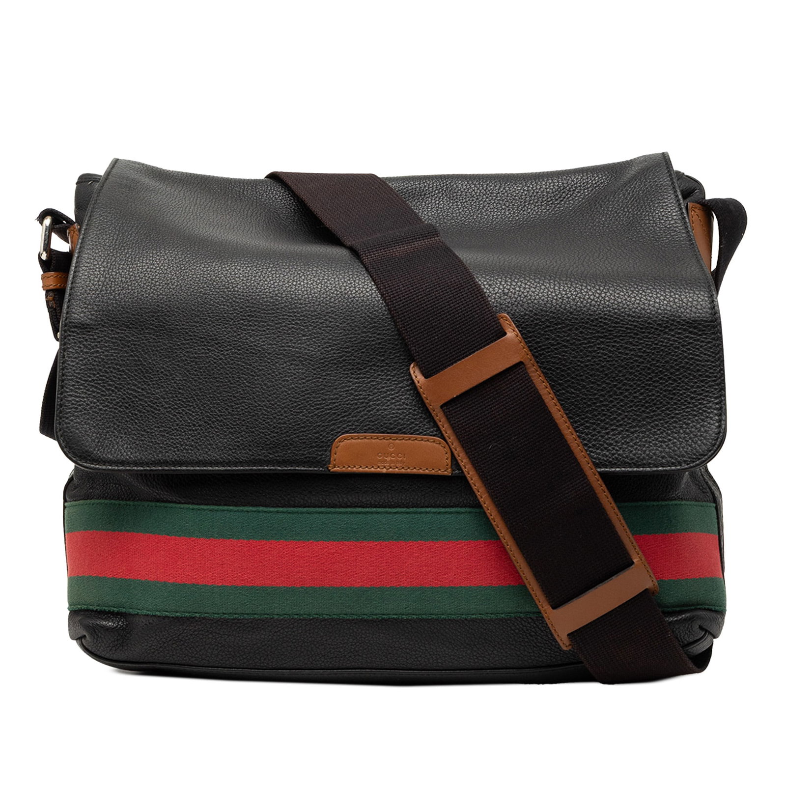 Black Leather Crossbody Bag by Gucci with Web Detailing: Black Leather Crossbody Bag by Gucci with Web Detailing This Gucci Leather Web Messenger Bag is crafted from black leather and features an adjustable flat canvas strap, a flap with magnetic snap closu