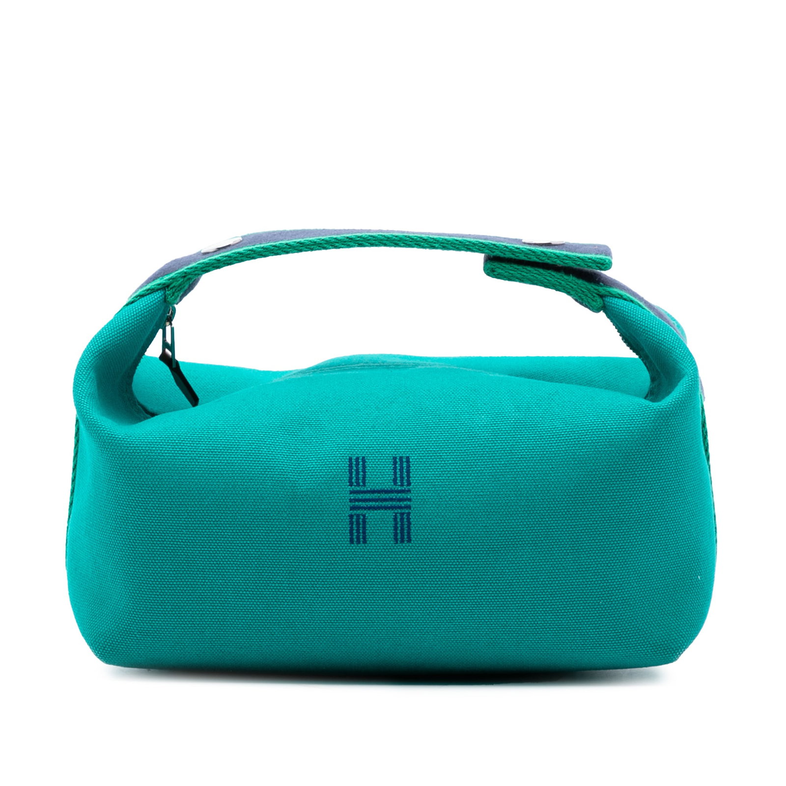 Hermes Bride-A-Brac Blue Canvas Pouch with Striped Strap and Zip Top: Hermes Bride-A-Brac Blue Canvas Pouch with Striped Strap and Zip Top This Hermes Small Canvas Bride-A-Brac Case features a blue canvas body with a flat striped canvas strap, a top zip closure, and int