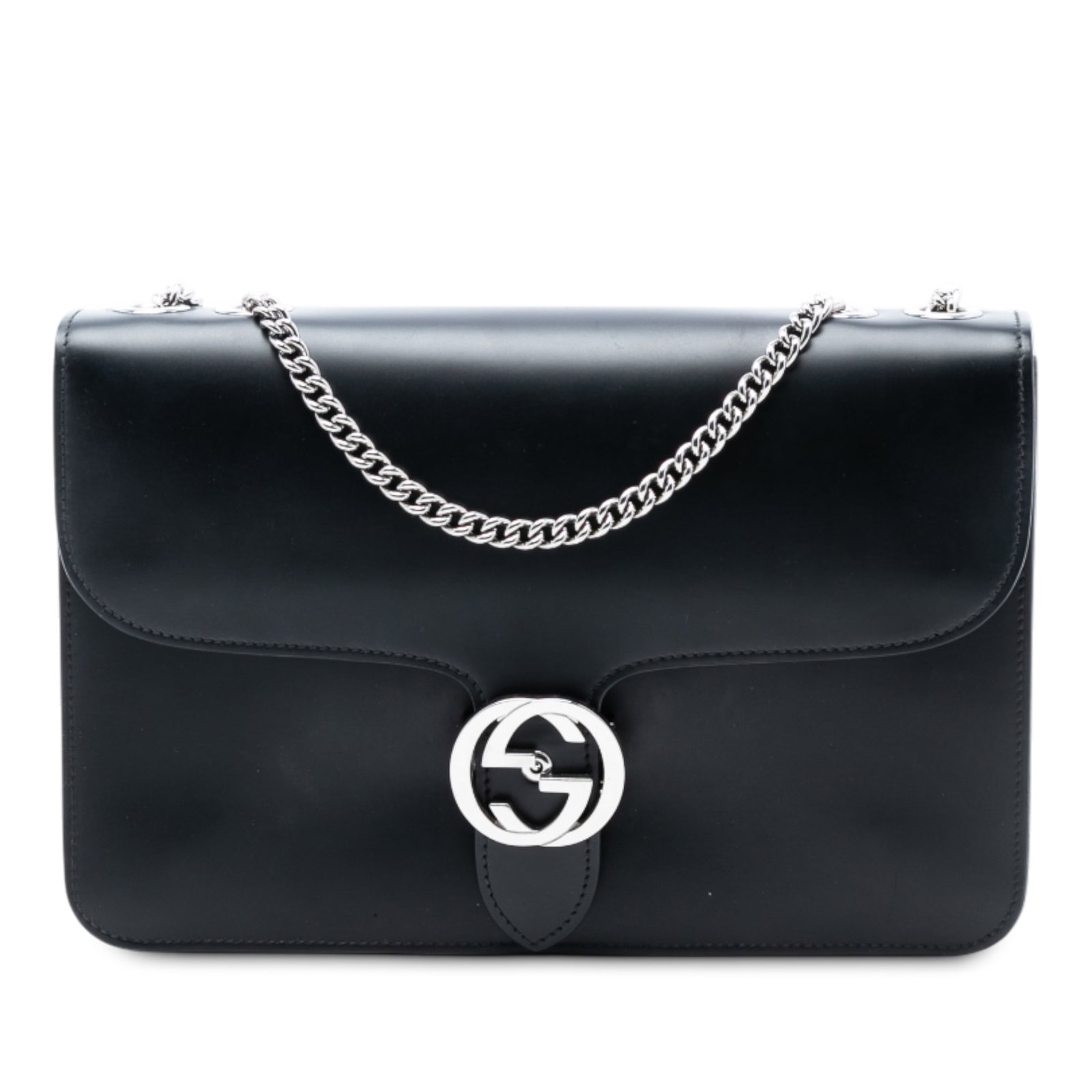 Gucci Dollar Interlocking G Medium Black Leather Crossbody Bag: Gucci Dollar Interlocking G Medium Black Leather Crossbody Bag This Gucci Medium Polished Calfskin Dollar Interlocking G Crossbody bag features a black leather body with a chain-link strap, a flap sec