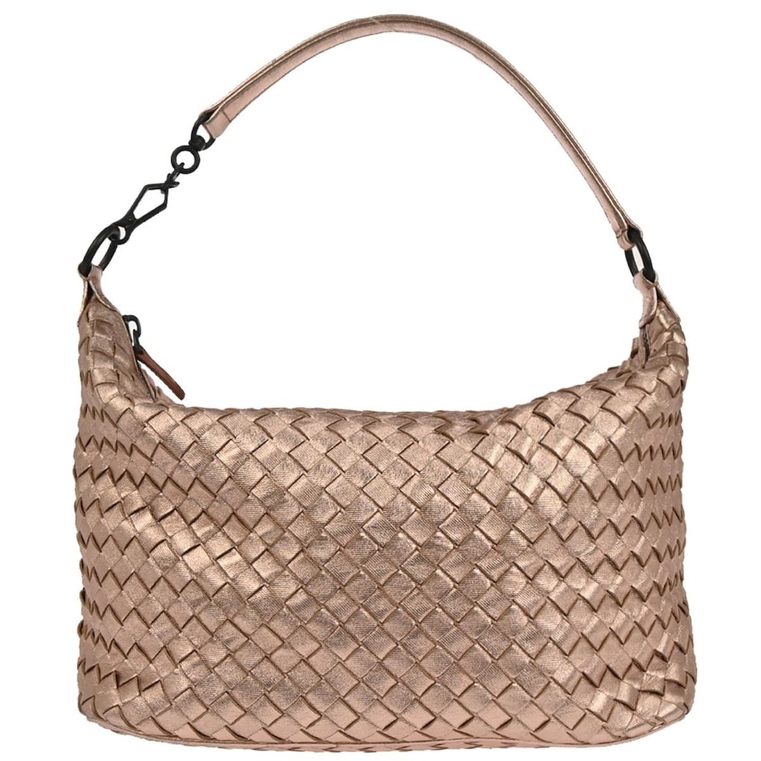 Metallic Pink Intrecciato Lambskin Top Handle Bag by Bottega Veneta: Metallic Pink Intrecciato Lambskin Top Handle Bag by Bottega Veneta This Bottega Veneta metallic pink lambskin handbag features the signature Intrecciato woven design. Crafted from high-quality leathe