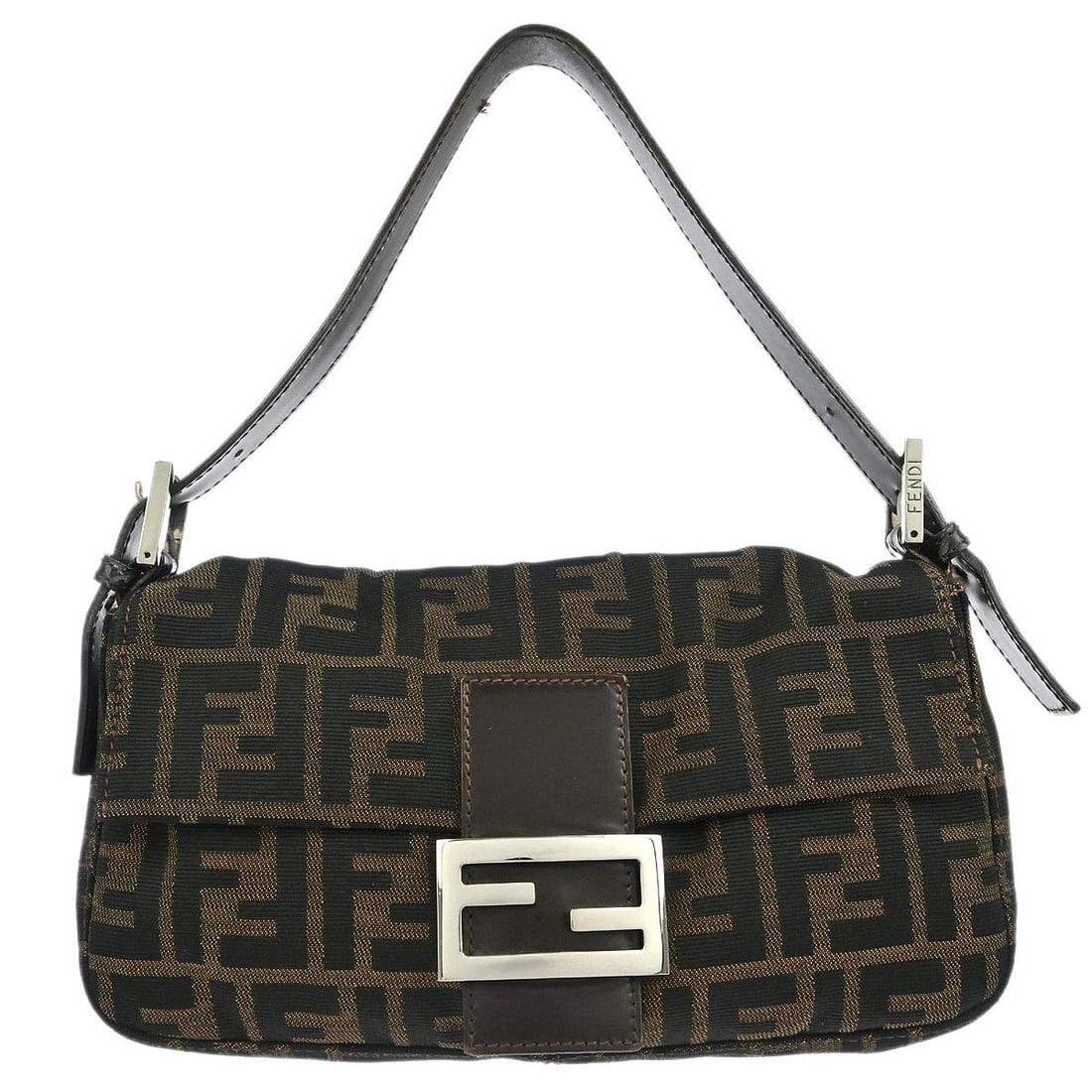 Fendi Brown Zucca Baguette Handbag with Silver Hardware: Fendi Brown Zucca Baguette Handbag with Silver Hardware This Fendi Brown Zucca Baguette Handbag is a stylish accessory perfect for casual occasions. Featuring a medium size, this handbag has a width o
