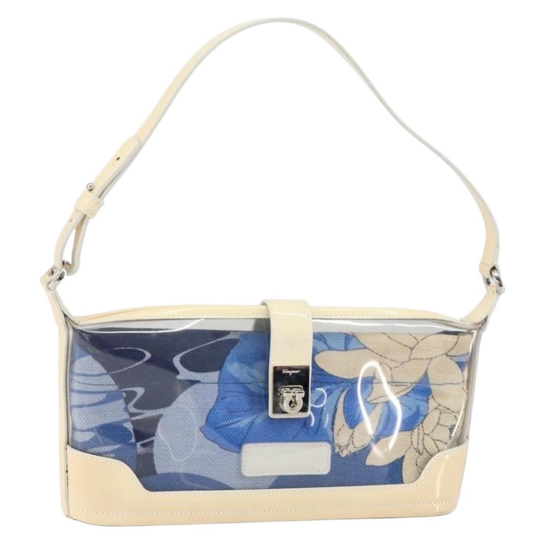 Salvatore Ferragamo Cream Blue Enamel Shoulder Bag Auth 121303: Salvatore Ferragamo Cream Blue Enamel Shoulder Bag Auth 121303 This elegant Salvatore Ferragamo Shoulder Bag features a chic enamel exterior in a sophisticated cream and blue color combination. Crafte