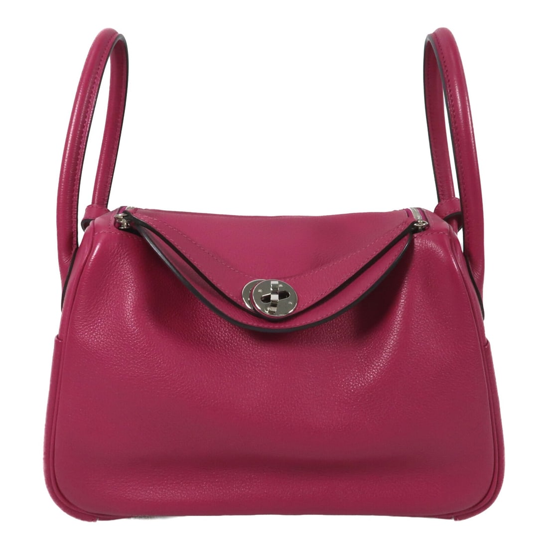 Lindy 26 Purple Evercolor Leather Shoulder Bag with Palladium Hardware: Lindy 26 Purple Evercolor Leather Shoulder Bag with Palladium Hardware This Hermes Lindy 26 is a versatile 2-way shoulder bag crafted from Evercolor calfskin leather in a refined rose purple shade. De