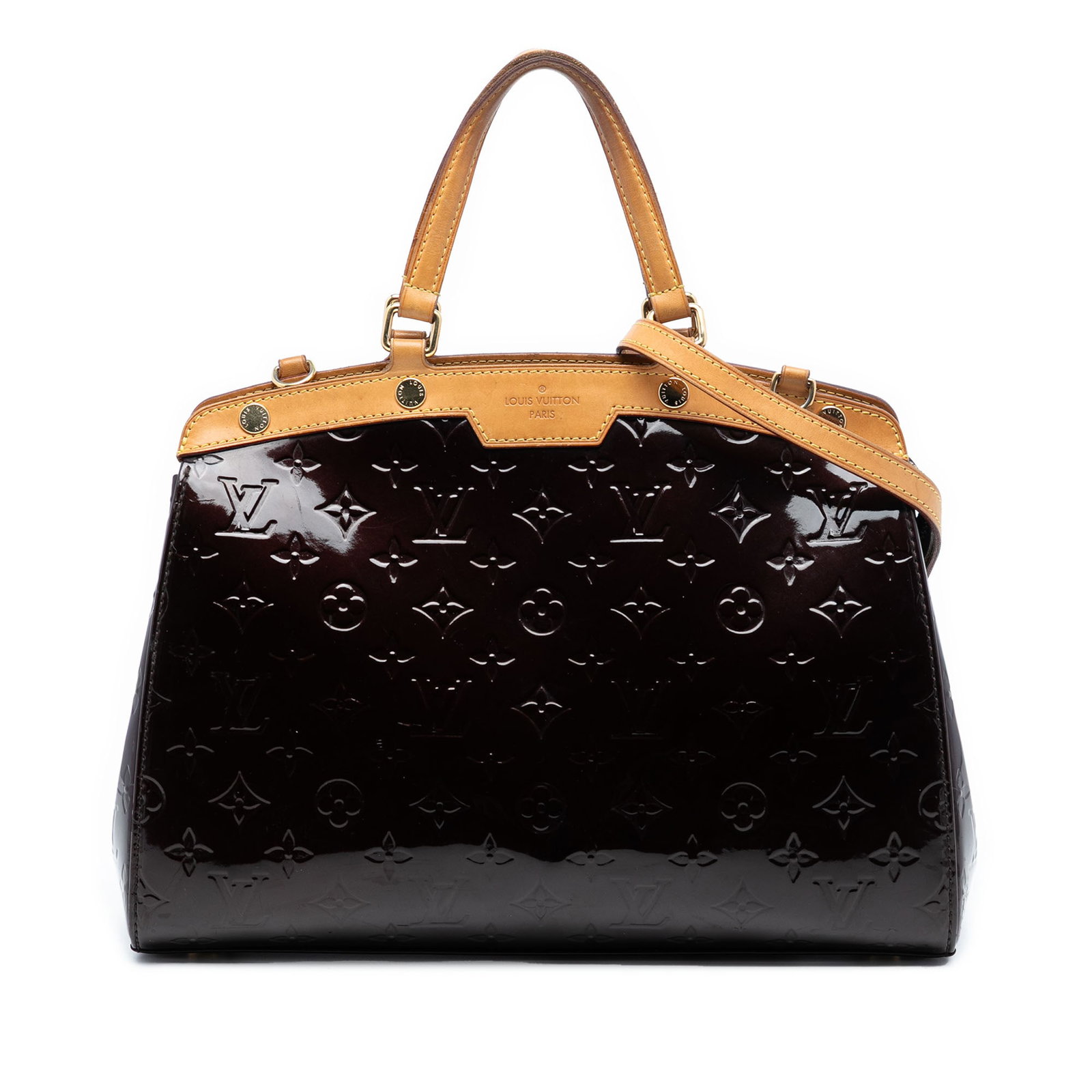 Louis Vuitton Brea MM Purple Monogram Vernis Leather Satchel with Strap: Louis Vuitton Brea MM Purple Monogram Vernis Leather Satchel with Strap This Louis Vuitton Monogram Vernis Brea MM features a vernis leather body with vachetta leather trim, flat vachetta leather hand