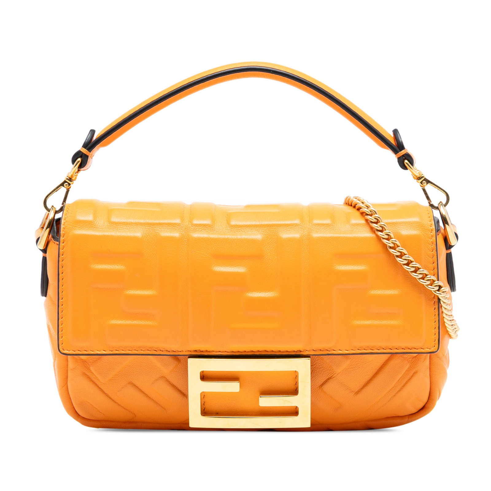 Fendi Mini Baguette Orange Embossed Leather Satchel Bag with Chain Strap: Fendi Mini Baguette Orange Embossed Leather Satchel Bag with Chain Strap This Fendi Mini Zucca Baguette Satchel is crafted from embossed leather in a vibrant orange hue. It features a detachable flat 