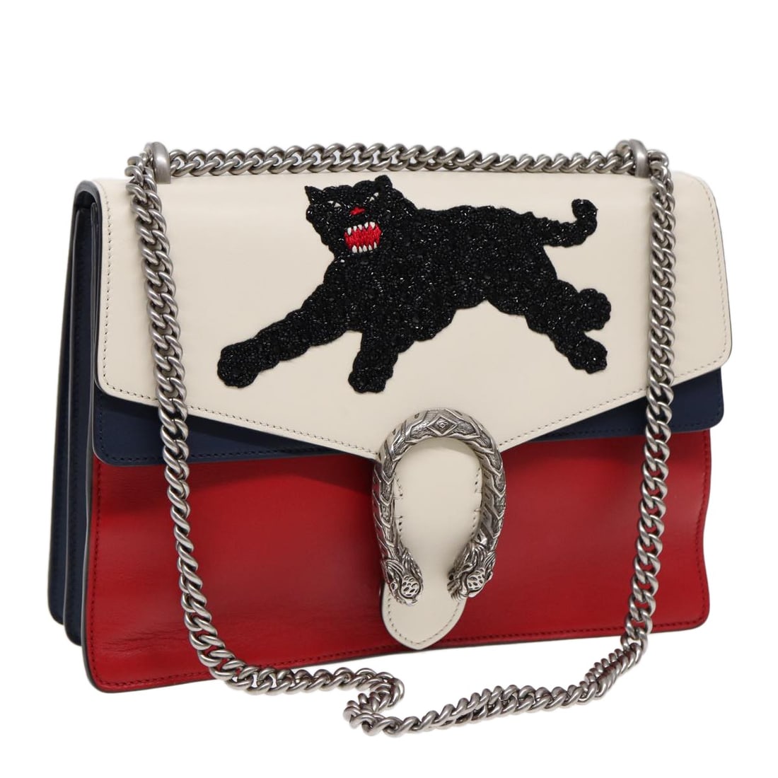 Dionysus Panther Multicolor Leather Shoulder Bag by Gucci with Chain Detail: Dionysus Panther Multicolor Leather Shoulder Bag by Gucci with Chain Detail This GUCCI Dionysus Panther shoulder bag features a multicolor leather exterior and is designed for women. The bag offers a 