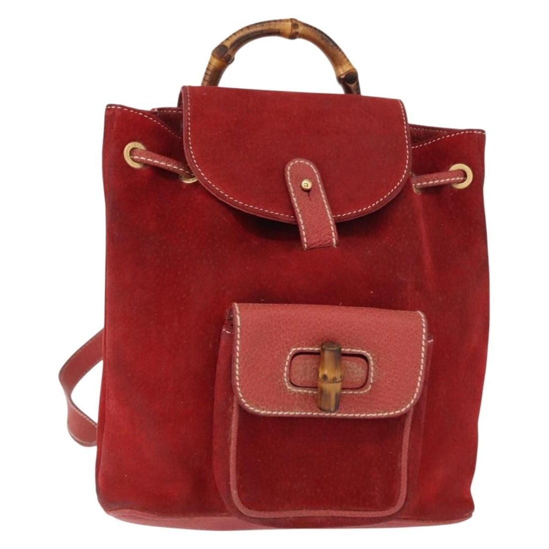 Red Leather Gucci Bamboo Vintage Backpack 21cm x 21cm x 7cm: Red Leather Gucci Bamboo Vintage Backpack 21cm x 21cm x 7cm This vintage Gucci Bamboo Backpack for women is crafted from red leather and features the iconic bamboo handle. The pre-owned bag shows sign