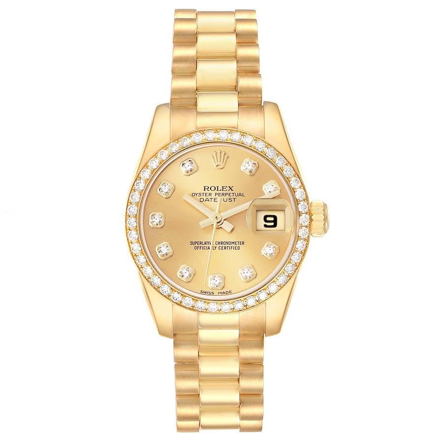 Champagne Diamond Dial Rolex Datejust Lady President Watch Ref 179138: Champagne Diamond Dial Rolex Datejust Lady President Watch Ref 179138 This Rolex Datejust Lady President features a champagne diamond dial and a diamond bezel, complemented by the iconic President bra