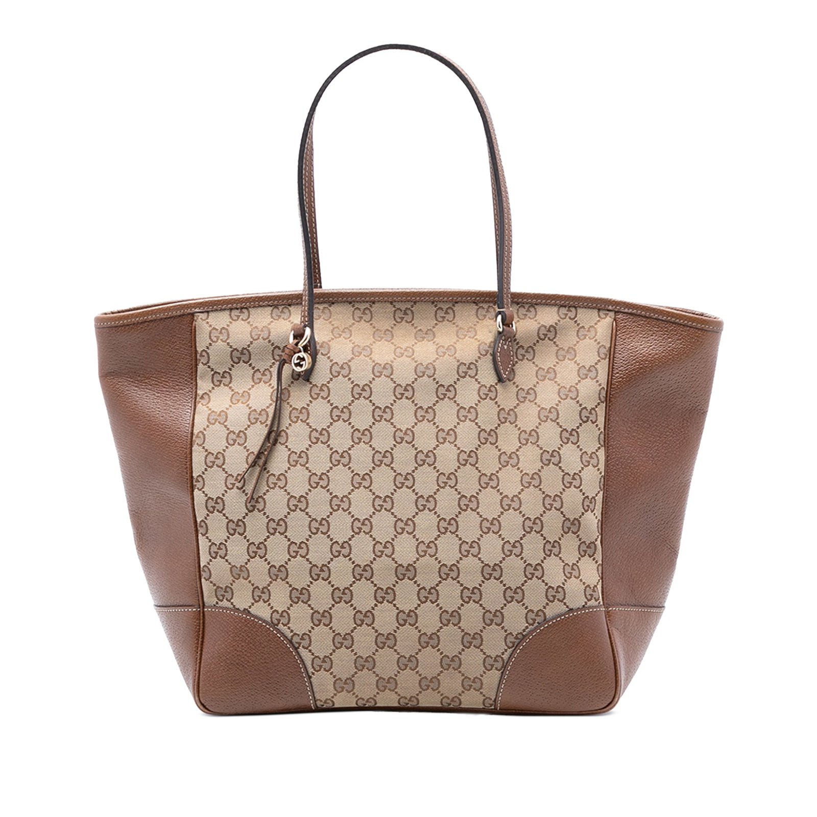 Beige GG Canvas Bree Tote Bag with Leather Trim by Gucci: Beige GG Canvas Bree Tote Bag with Leather Trim by Gucci This Gucci GG Canvas Bree Tote features a beige canvas body with leather trim, flat leather handles, a top zip closure, and interior zip and sl
